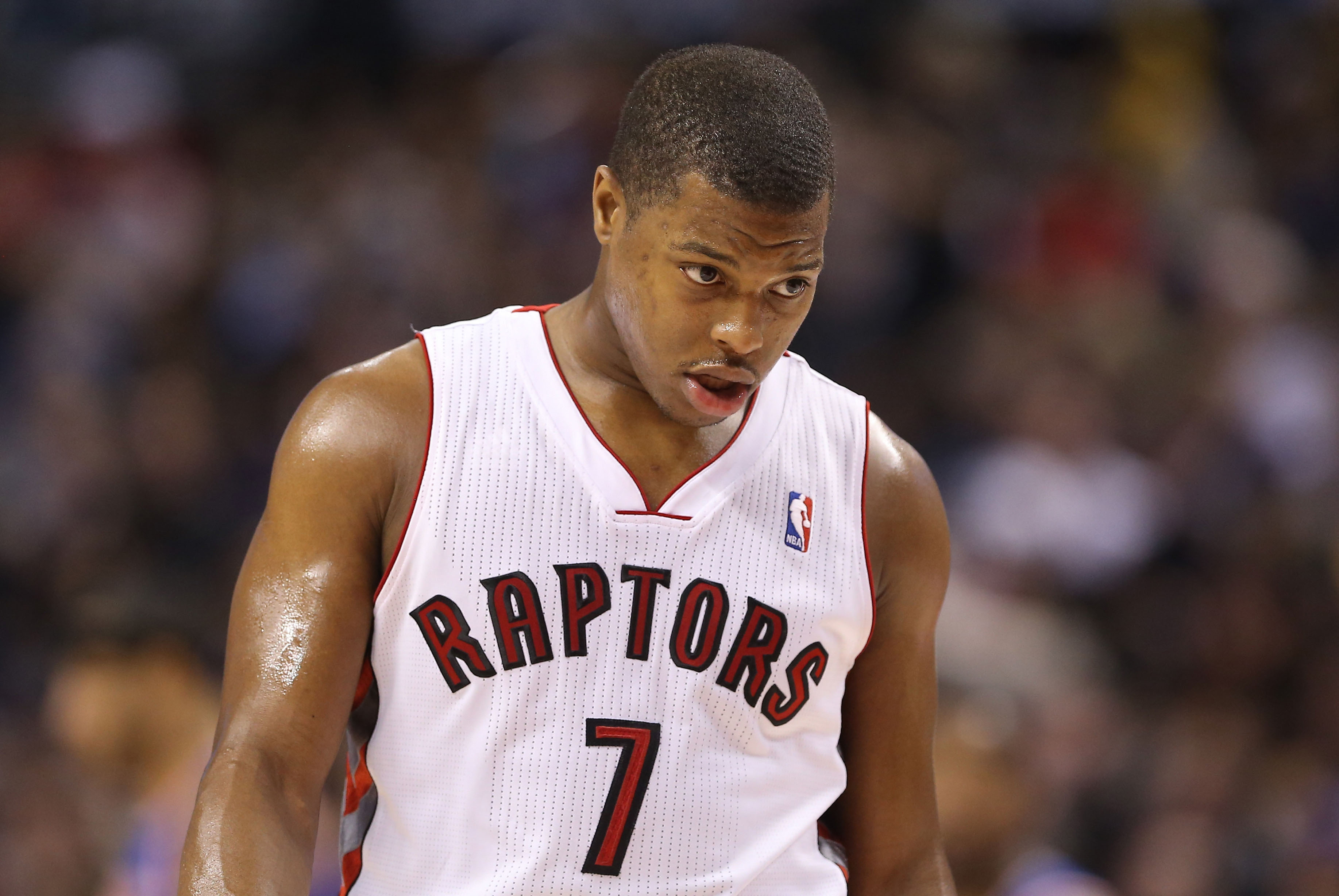 Dec 28, 2013; Toronto, Ontario, CAN; Toronto Raptors point guard Kyle Lowry (7) during their game against the New York Knicks at Air Canada Centre. The Raptors beat the Knicks 115-100. Mandatory Credit: Tom Szczerbowski-USA TODAY Sports