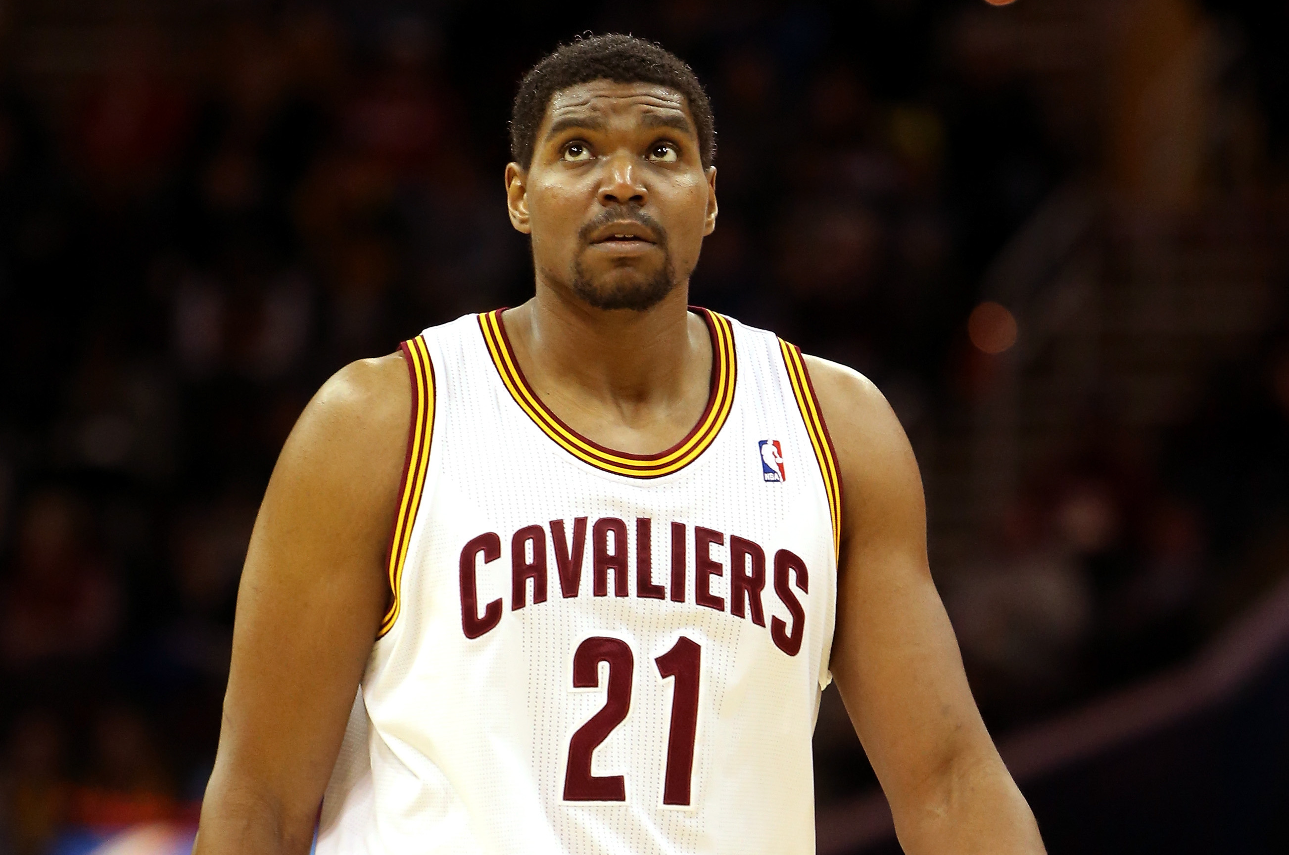 CLEVELAND, OH - DECEMBER 26:  Andrew Bynum #21 of the Cleveland Cavaliers looks on during the game against the Atlanta Hawks at Quicken Loans Arena on December 26, 2013 in Cleveland, Ohio.  NOTE TO USER: User expressly acknowledges and agrees that, by downloading and/or using this photograph, user is consenting to the terms and conditions of the Getty Images License Agreement.  (Photo by Mike Lawrie/Getty Images)