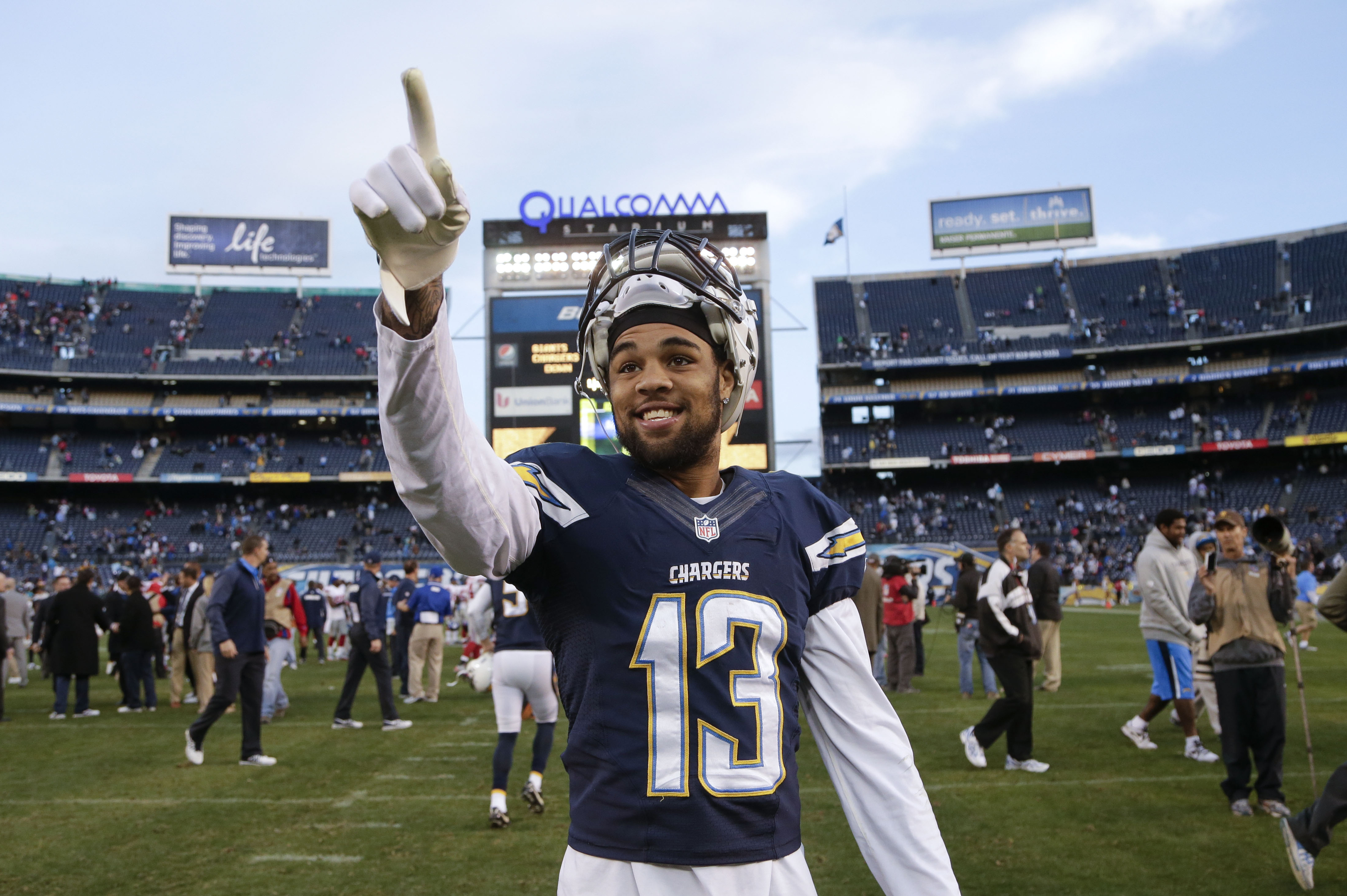 San Diego Chargers wide receiver Keenan Allen gestures after beating the New York Giants in an NFL football game Sunday, Dec. 8, 2013, in San Diego. The Chargers won, 37-14. (AP Photo/Gregory Bull)