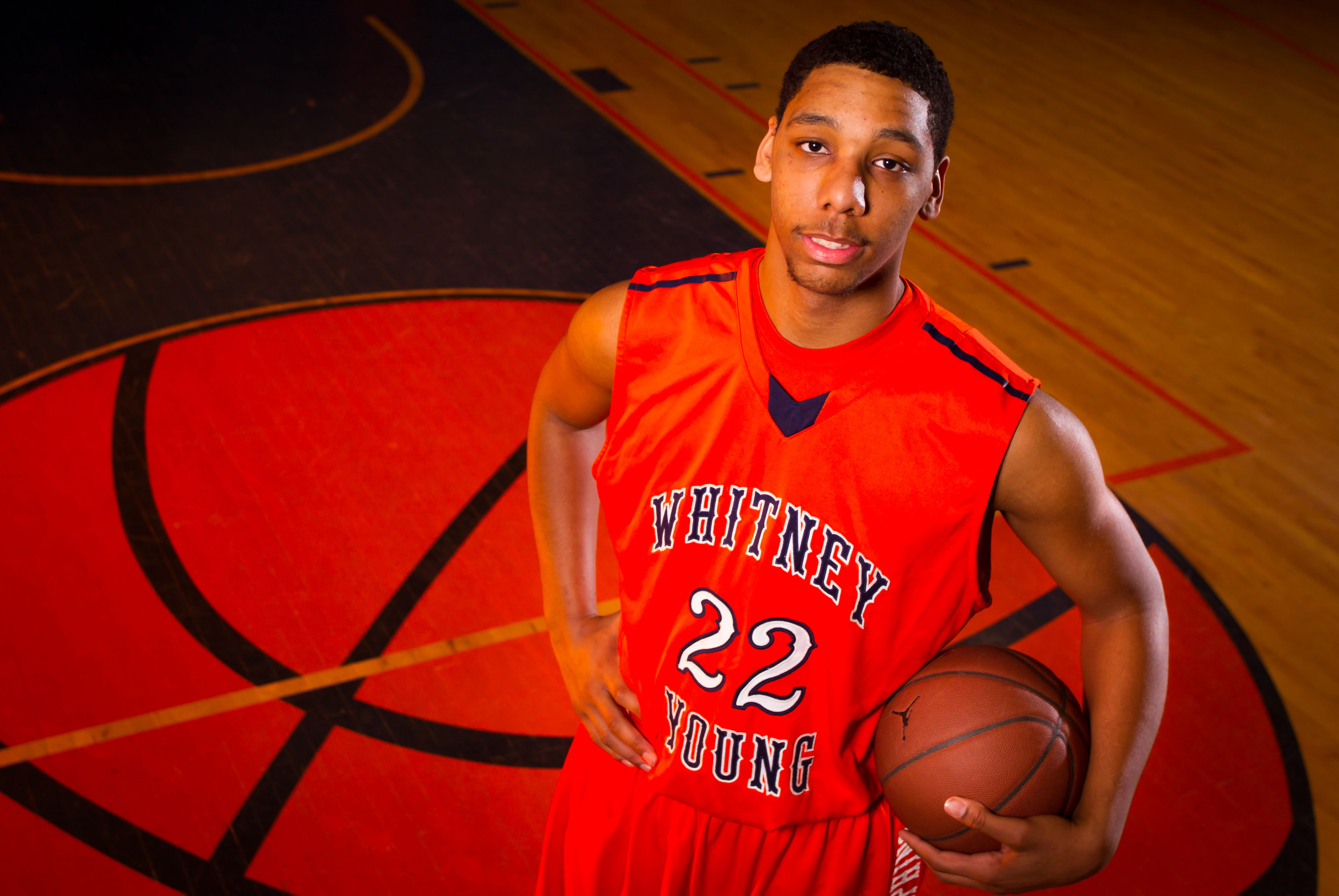 Apr. 3, 2013; Chicago, IL, USA; Varsity basketball team member Jahlil Okafor poses at Whitney M. Young Magnet High School in Chicago. Okafor, a 6 foot 10 inch junior who plays the center position, is poised to become one of the top basketball recruits for college teams in the country. Mandatory Credit: Guy Rhodes-USA TODAY Sports