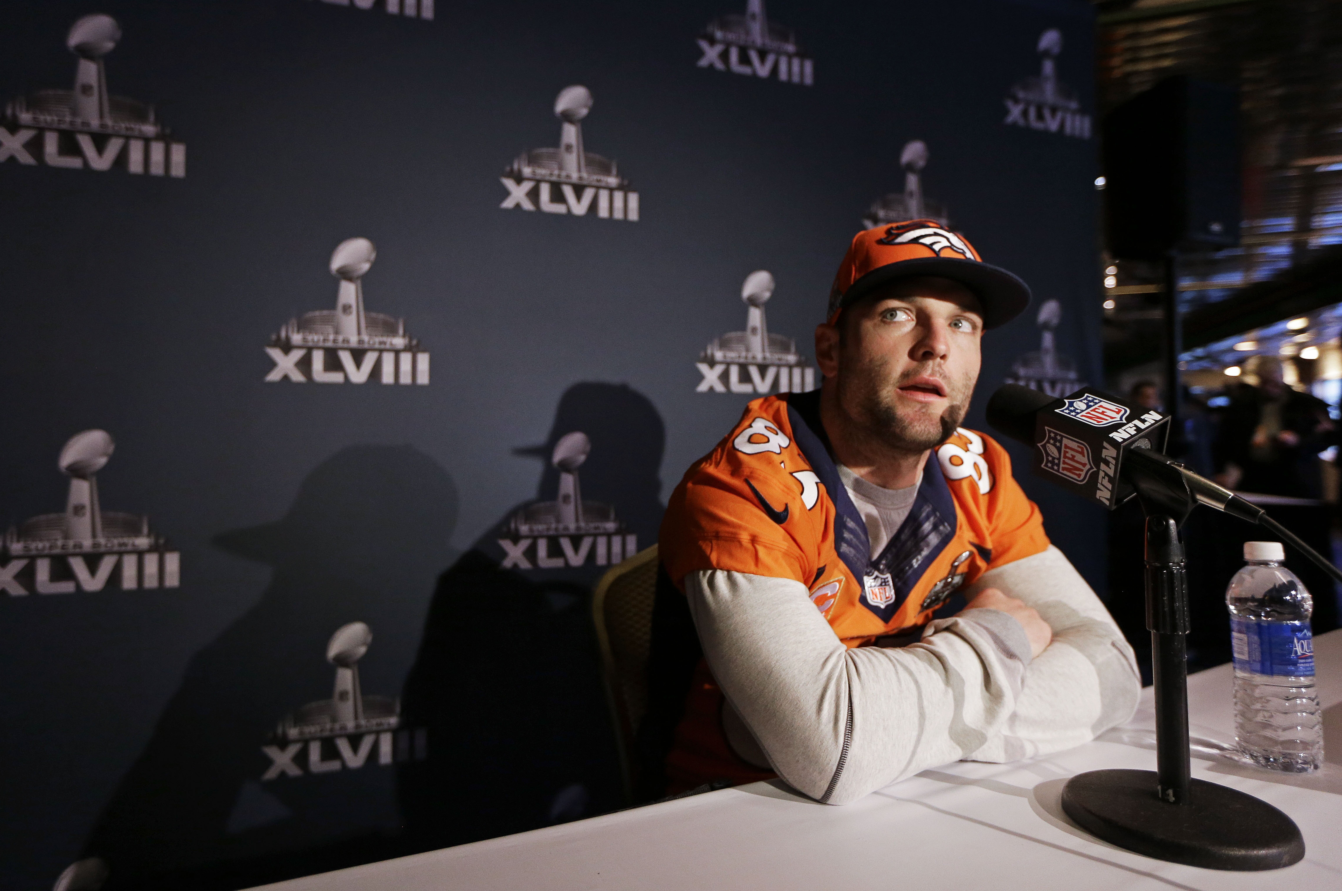 Denver Broncos wide receiver Wes Welker talks with reporters during a news conference Wednesday, Jan. 29, 2014, in Jersey City, N.J. The Broncos are scheduled to play the Seattle Seahawks in the NFL Super Bowl XLVIII football game Sunday, Feb. 2, in East Rutherford, N.J. (AP Photo/Mark Humphrey)