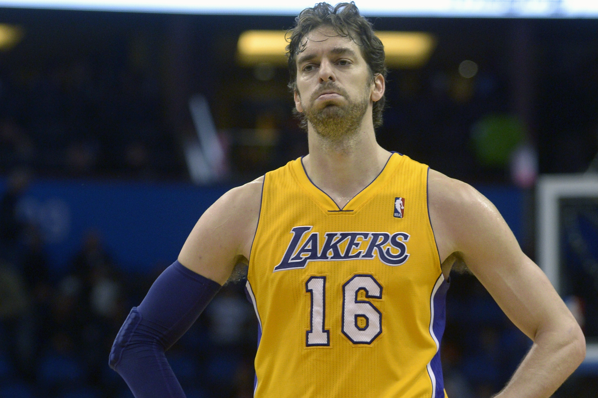 Los Angeles Lakers center Pau Gasol (16) reacts after an Orlando Magic score during the second half of an NBA basketball game in Orlando, Fla., Friday, Jan. 24, 2014. The Magic won 114-105. (AP Photo/Phelan M. Ebenhack)