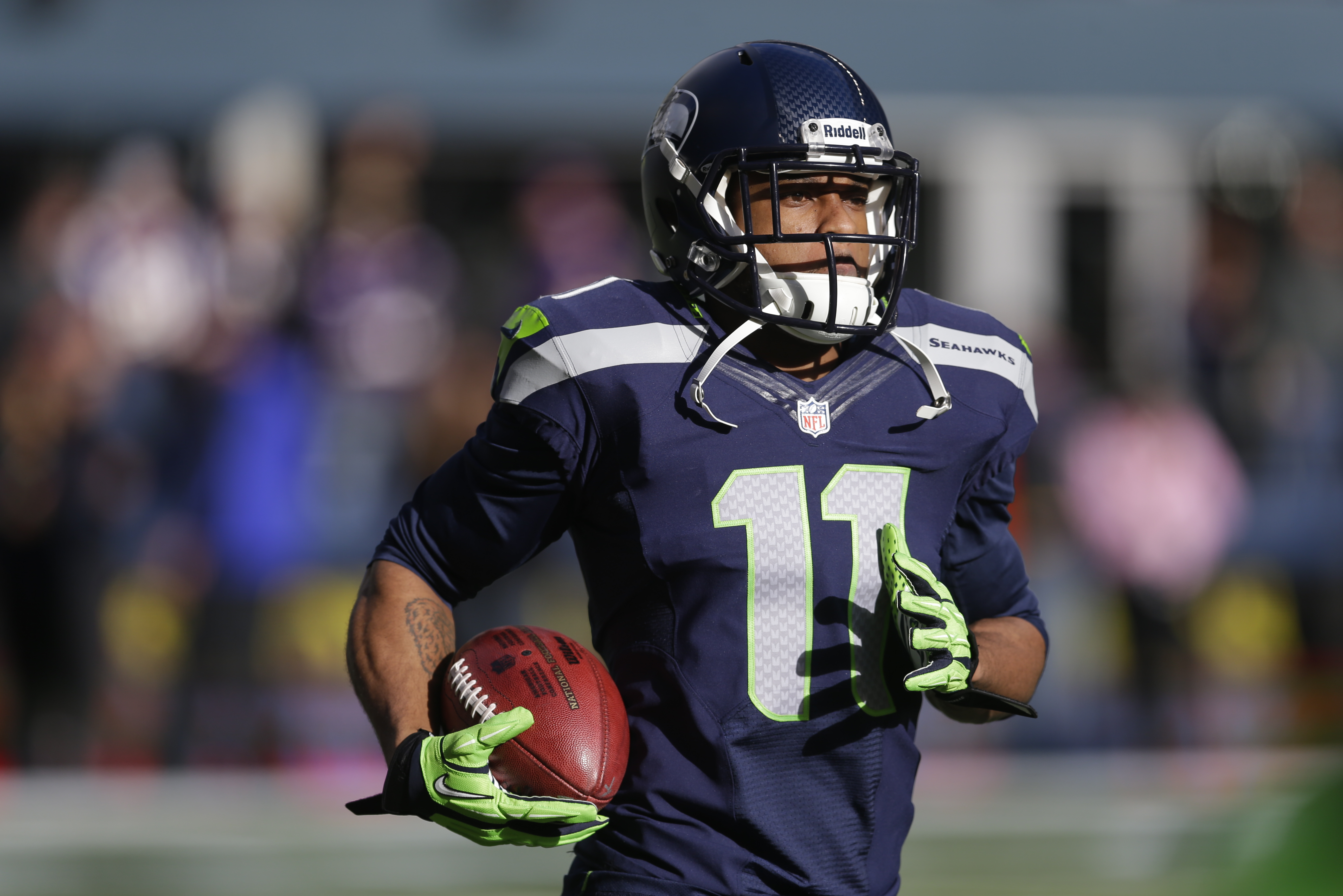 Seattle Seahawks' Percy Harvin warms-up before an NFL football game against the Minnesota Vikings, Sunday, Nov. 17, 2013, in Seattle. (AP Photo/Ted S. Warren)