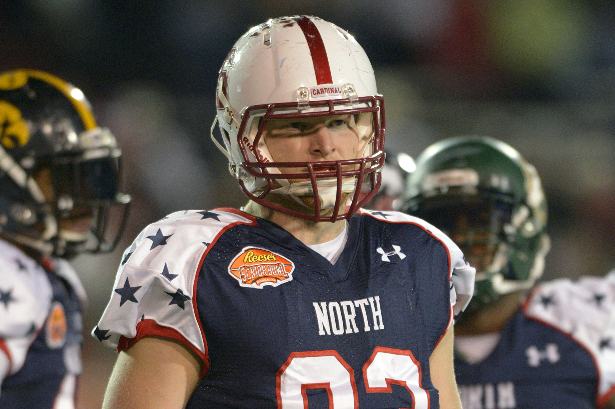 North defensive end Trent Murphy (93) of Stanford looks for a defensive signal during the second half of the Senior Bowl NCAA college football game on Saturday, Jan. 25, 2014, in Mobile, Ala. (AP Photo/G.M. Andrews)