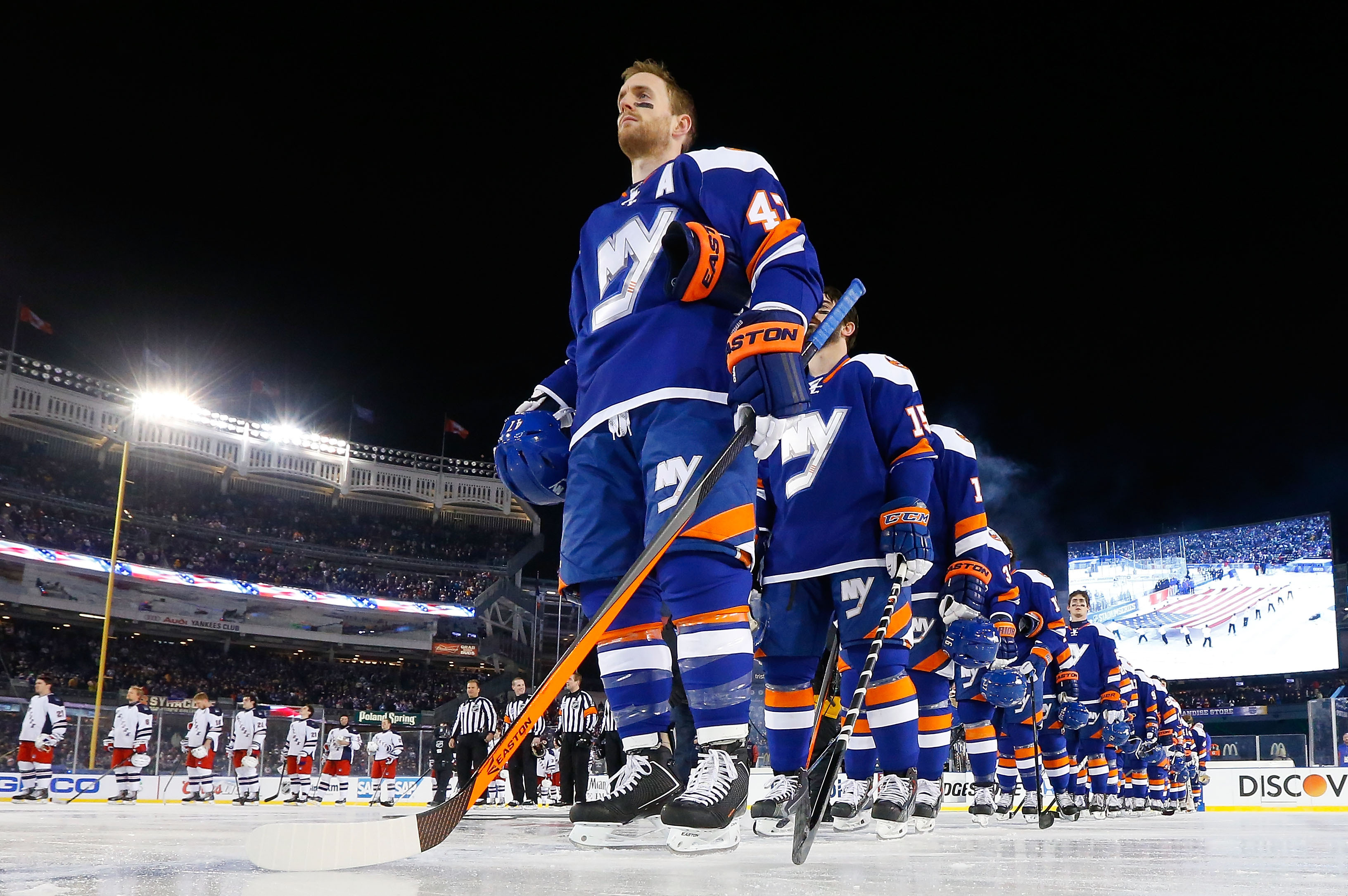 NEW YORK, NY - JANUARY 29:  (EDITORIAL USE ONLY)  The New York Rangers and the New York Islanders line up prior to the game during the 2014 Coors Light NHL Stadium Series at Yankee Stadium on January 29, 2014 in the Bronx borough of New York City.  (Photo by Jim McIsaac/NHLI via Getty Images)