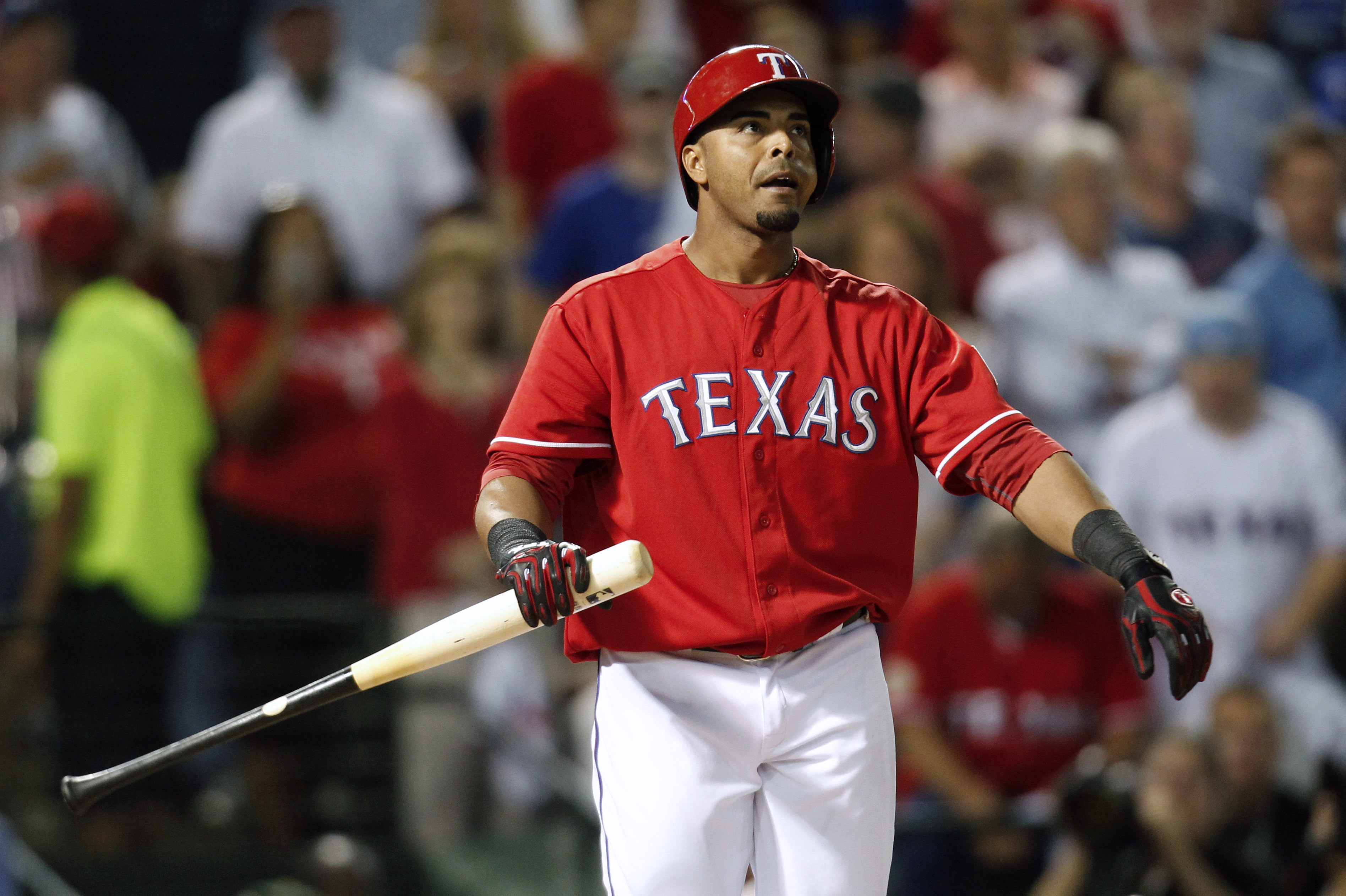 Texas Rangers' Nelson Cruz recovers during his turn at bat against the Tampa Bay Rays during the second inning of an American League wild-card tiebreaker baseball game Monday, Sept. 30, 2013, in Arlington, Texas. (AP Photo/Tim Sharp)