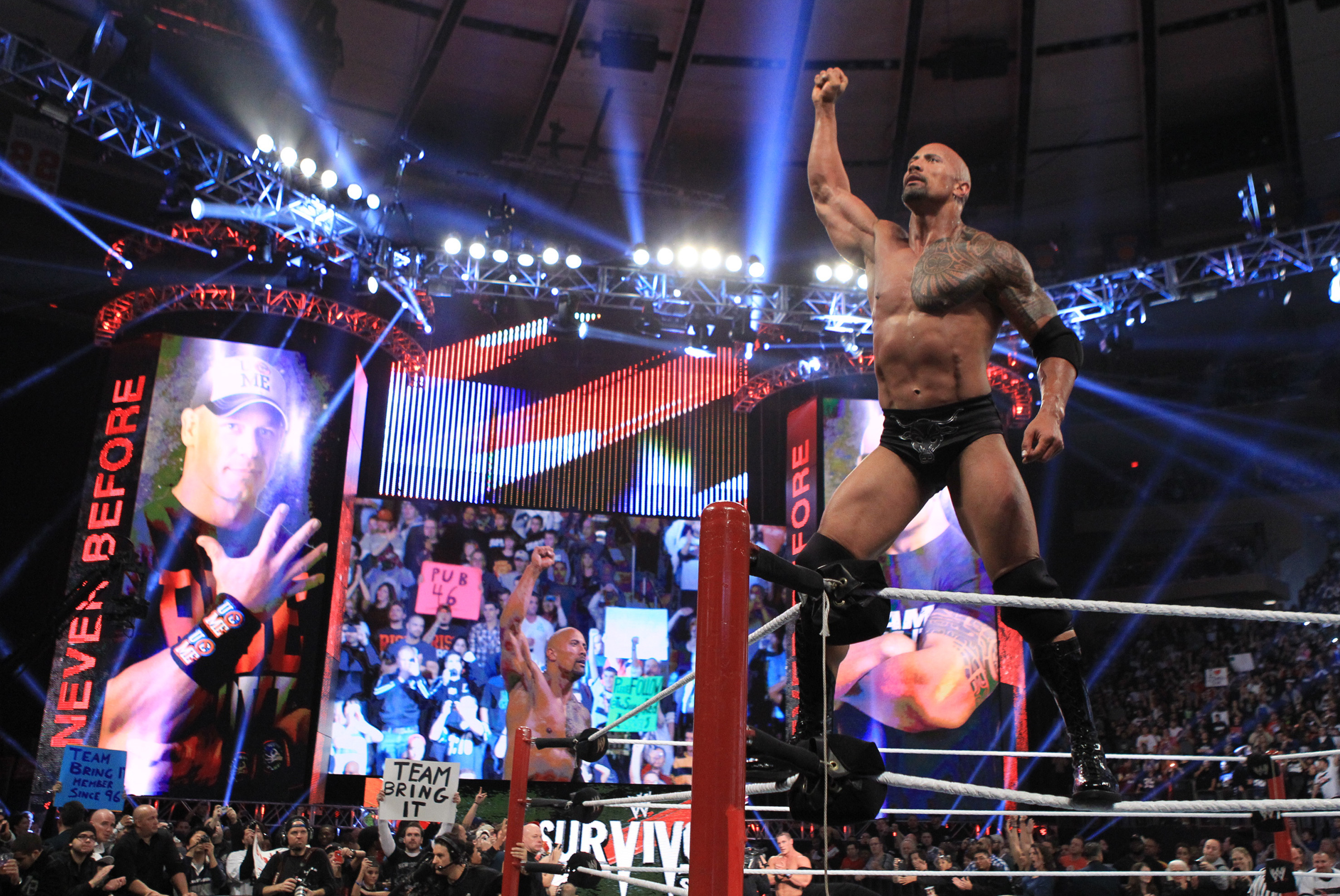 In this image released by WWE, actor and wrestler Dwayne