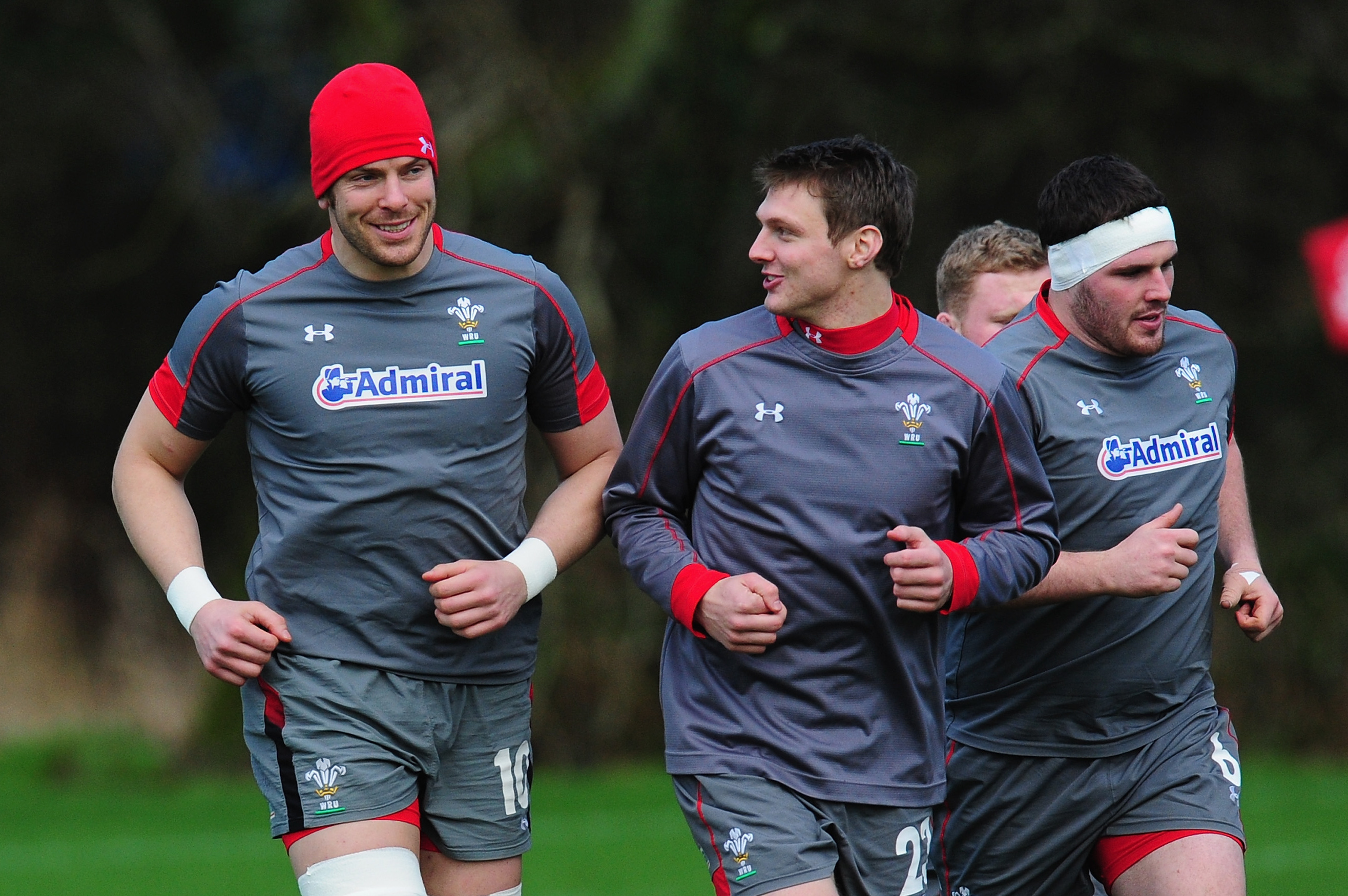 CARDIFF, WALES - JANUARY 28:  Wales captain Alun Wyn Jones (l) and Dan Biggar (r) share a joke during Wales training ahead of their RBS Six Nations match against Italy on saturday, at the Vale hotel on January 28, 2014 in Cardiff, Wales.  (Photo by Stu Forster/Getty Images)