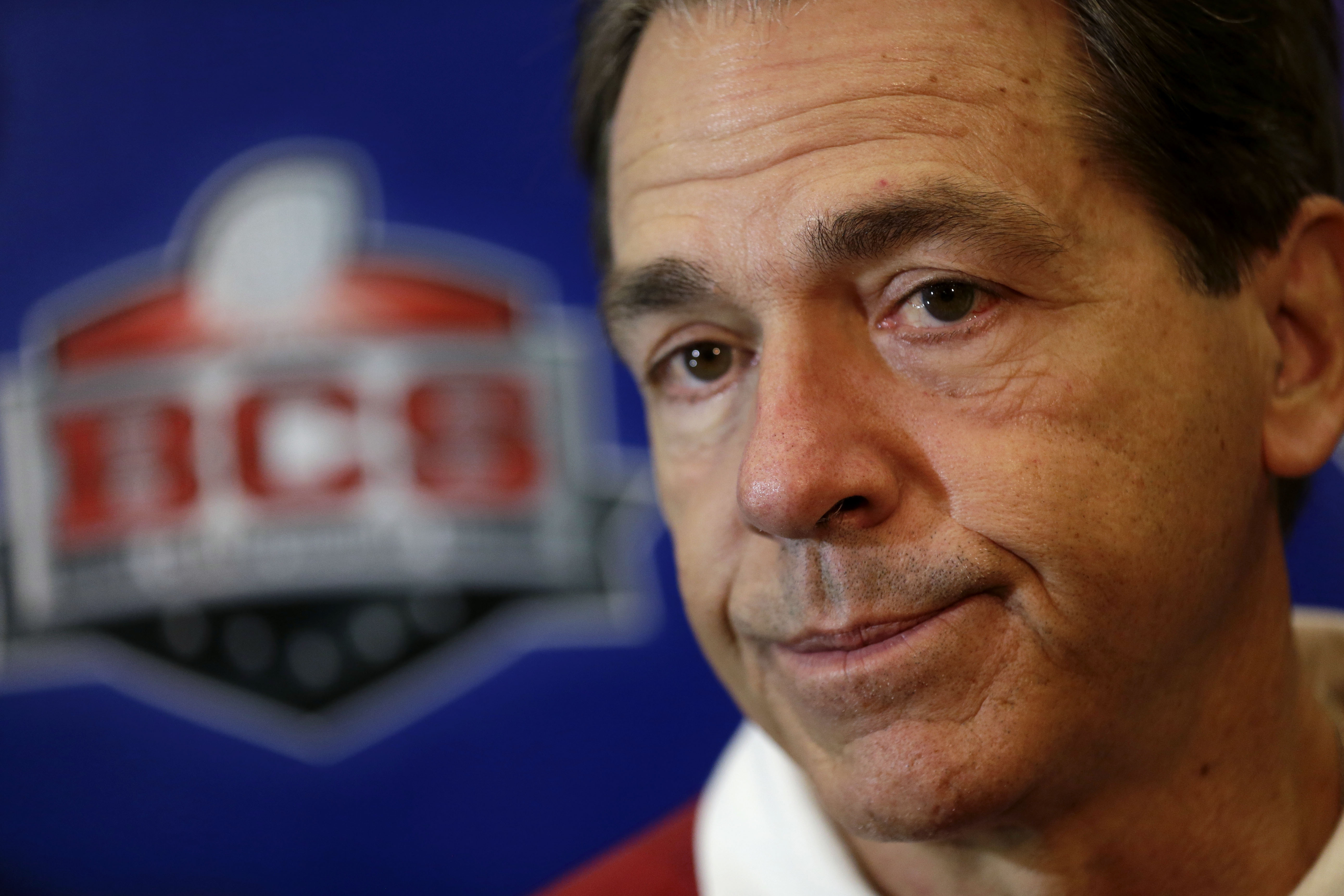 Alabama head coach Nick Saban speaks to reporters after practice for an upcoming NCAA college football game against Oklahoma in New Orleans, Saturday, Dec. 28, 2013. Alabama plays Oklahoma in the Sugar Bowl Jan. 2, 2014. (AP Photo/Gerald Herbert)
