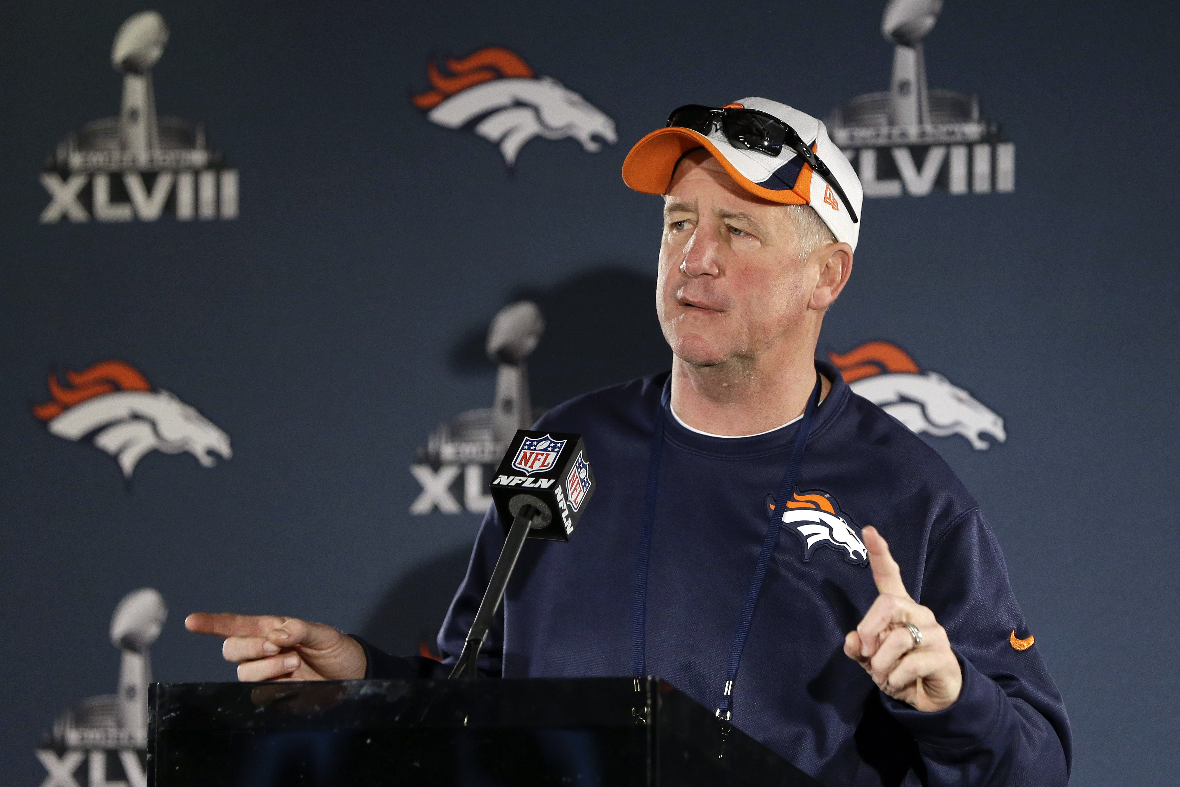 Denver Broncos head coach John Fox talks with reporters during a news conference Wednesday, Jan. 29, 2014, in Jersey City, N.J. The Broncos are scheduled to play the Seattle Seahawks in the NFL Super Bowl XLVIII football game Sunday, Feb. 2, in East Rutherford, N.J. (AP Photo/Mark Humphrey)