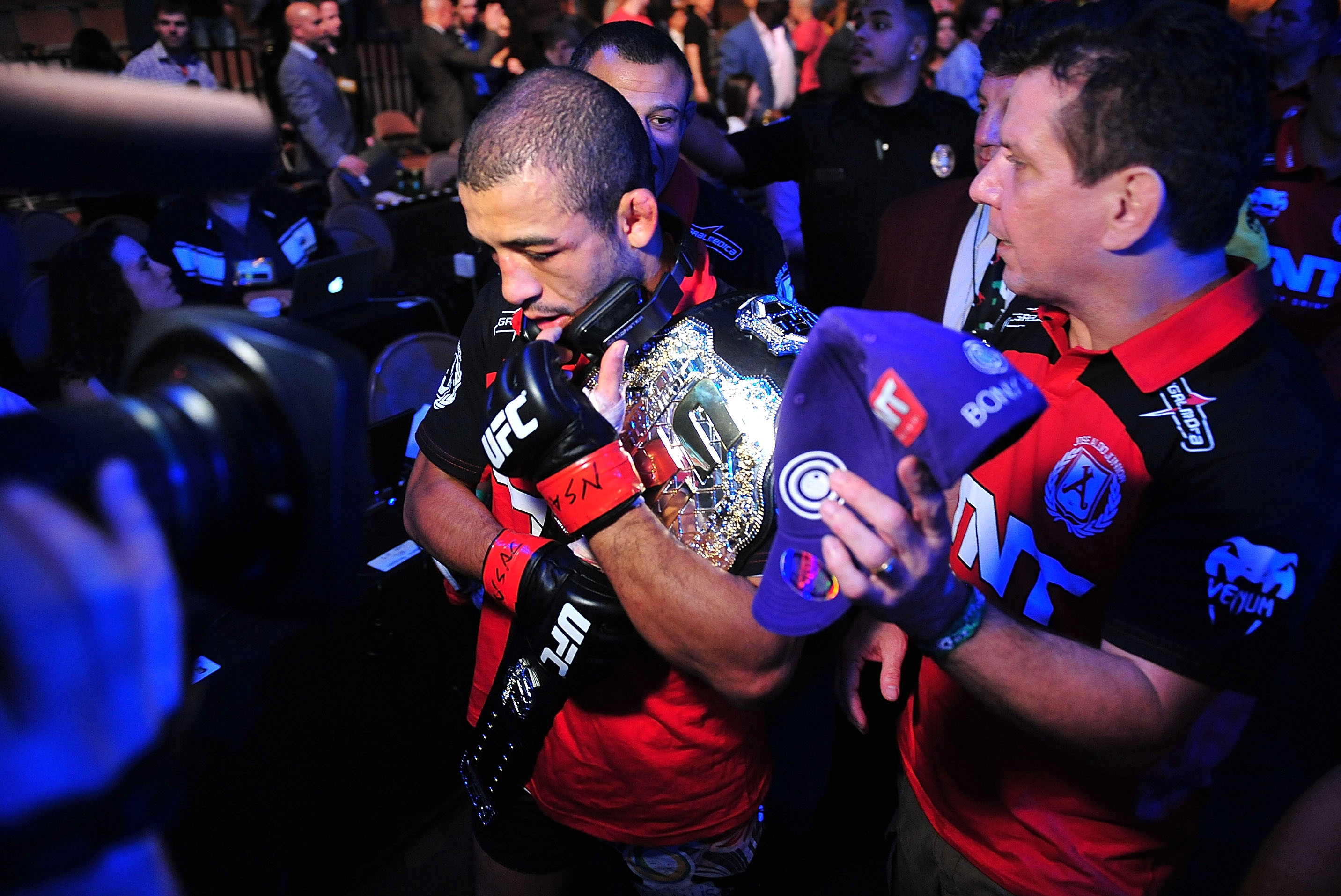 Feb 2, 2013; Las Vegas, NV, USA; Jose Aldo with his team during UFC 156 at the Mandalay Bay Events Center. Mandatory Credit: Gary A. Vasquez-USA TODAY Sports