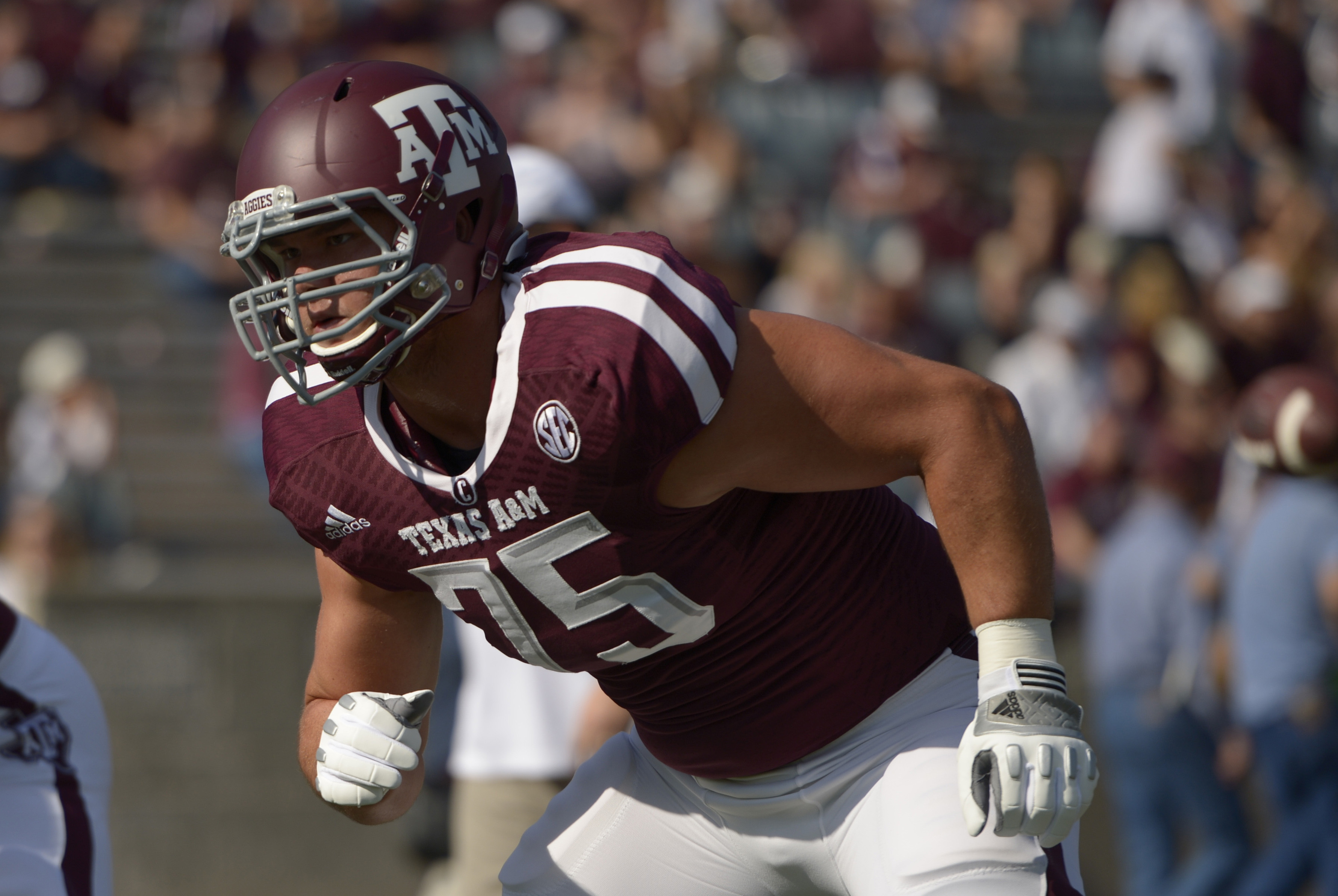 Oct 26, 2013; College Station, TX, USA; Texas A&M Aggies offensive linesman Jake Matthews (75) warms up against the Vanderbilt Commodores before the game at Kyle Field. Mandatory Credit: Thomas Campbell-USA TODAY Sports