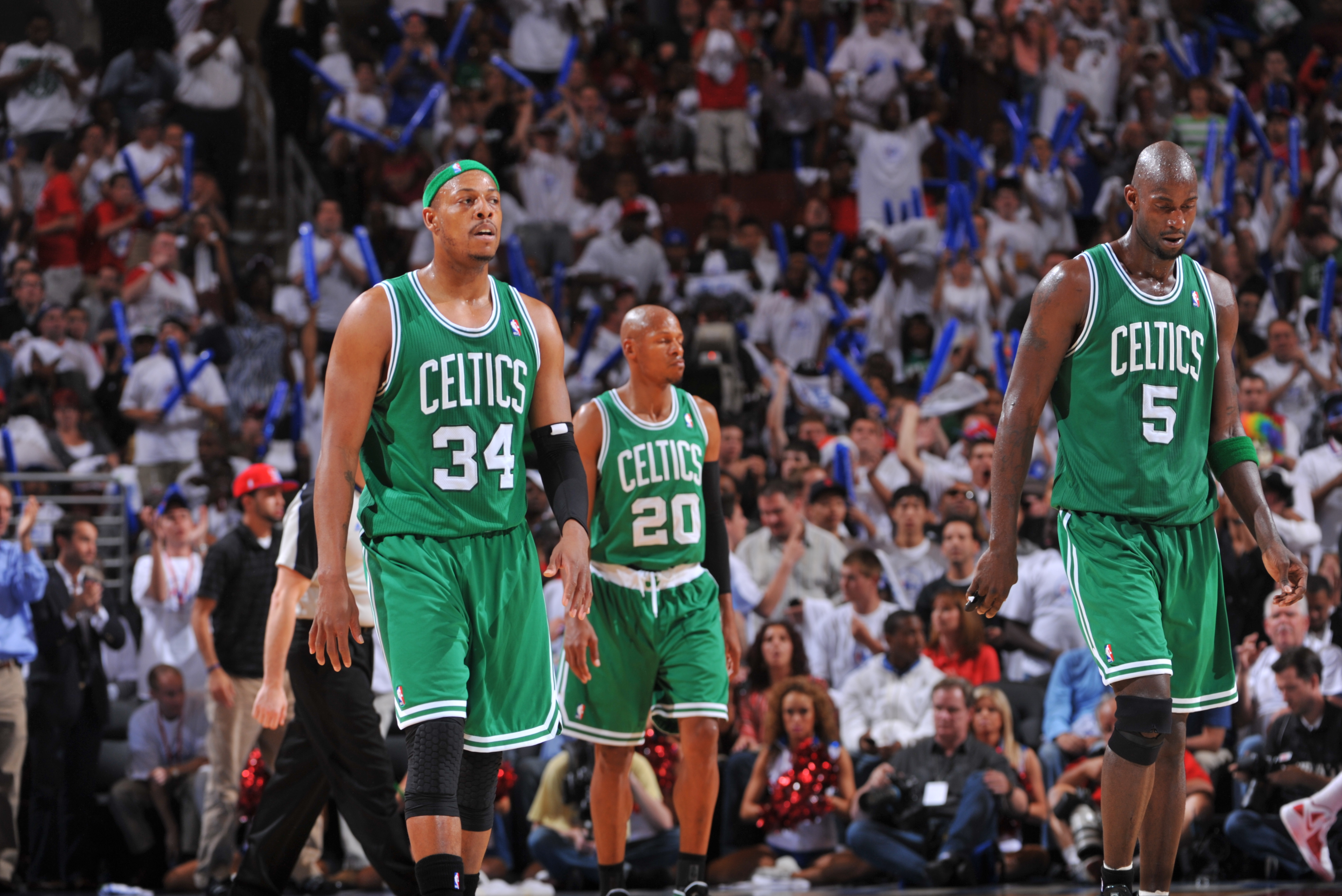 PHILADELPHIA, PA - MAY 18: Paul Pierce #34, Kevin Garnett #5 and Ray Allen #20 of the Boston Celtics during the game against the Philadelphia 76ers in Game Four of the Eastern Conference Semifinals during the 2012 NBA Playoffs on May 18, 2012 at the Wells Fargo Center in Philadelphia, Pennsylvania.  NOTE TO USER: User expressly acknowledges and agrees that, by downloading and/or using this Photograph, user is consenting to the terms and conditions of the Getty Images License Agreement. Mandatory Copyright Notice: Copyright 2012 NBAE   (Photo by Jesse D. Garrabrant/NBAE via Getty Images)