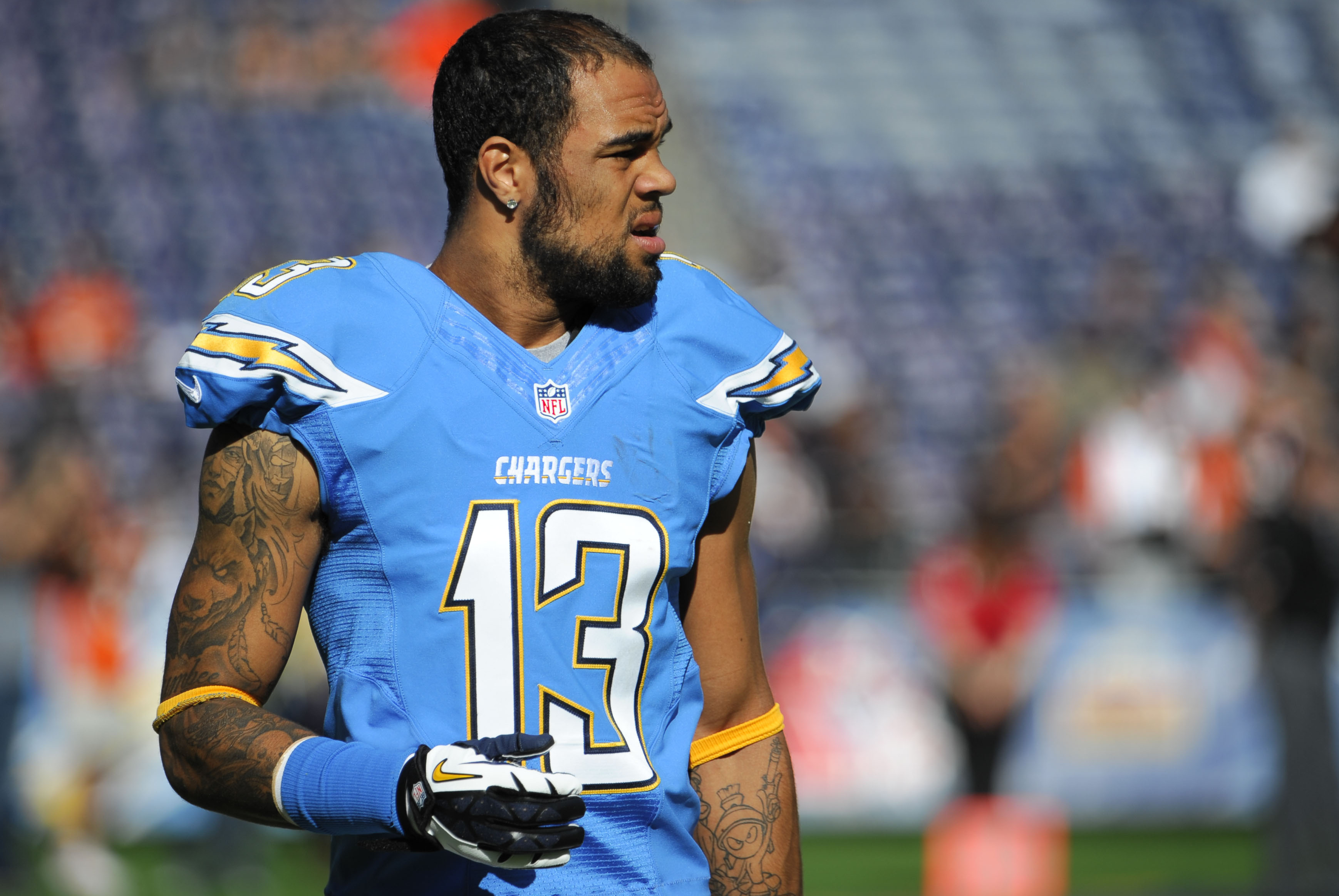 San Diego Chargers wide receiver Keenan Allen looks on during warmups before facing the Cincinnati Bengals in an NFL football game on Sunday, Dec. 1, 2013, in San Diego. (AP Photo/Denis Poroy)