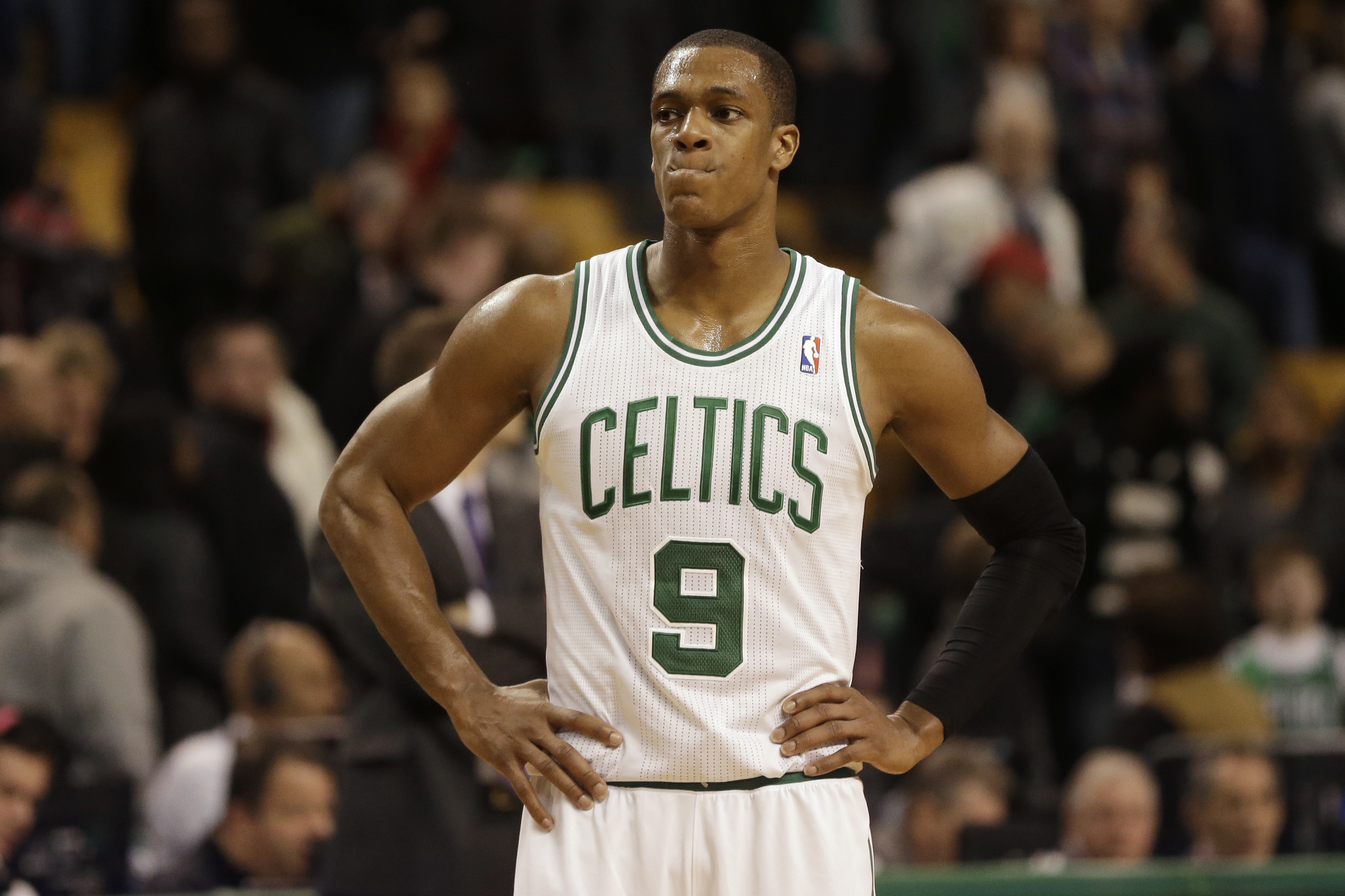 Boston Celtics guard Rajon Rondo reacts in the final minutes of the fourth quarter of an NBA basketball game against the Brooklyn Nets, Sunday, Jan. 26, 2014, in Boston. The Nets won 85-79. (AP Photo/Steven Senne)
