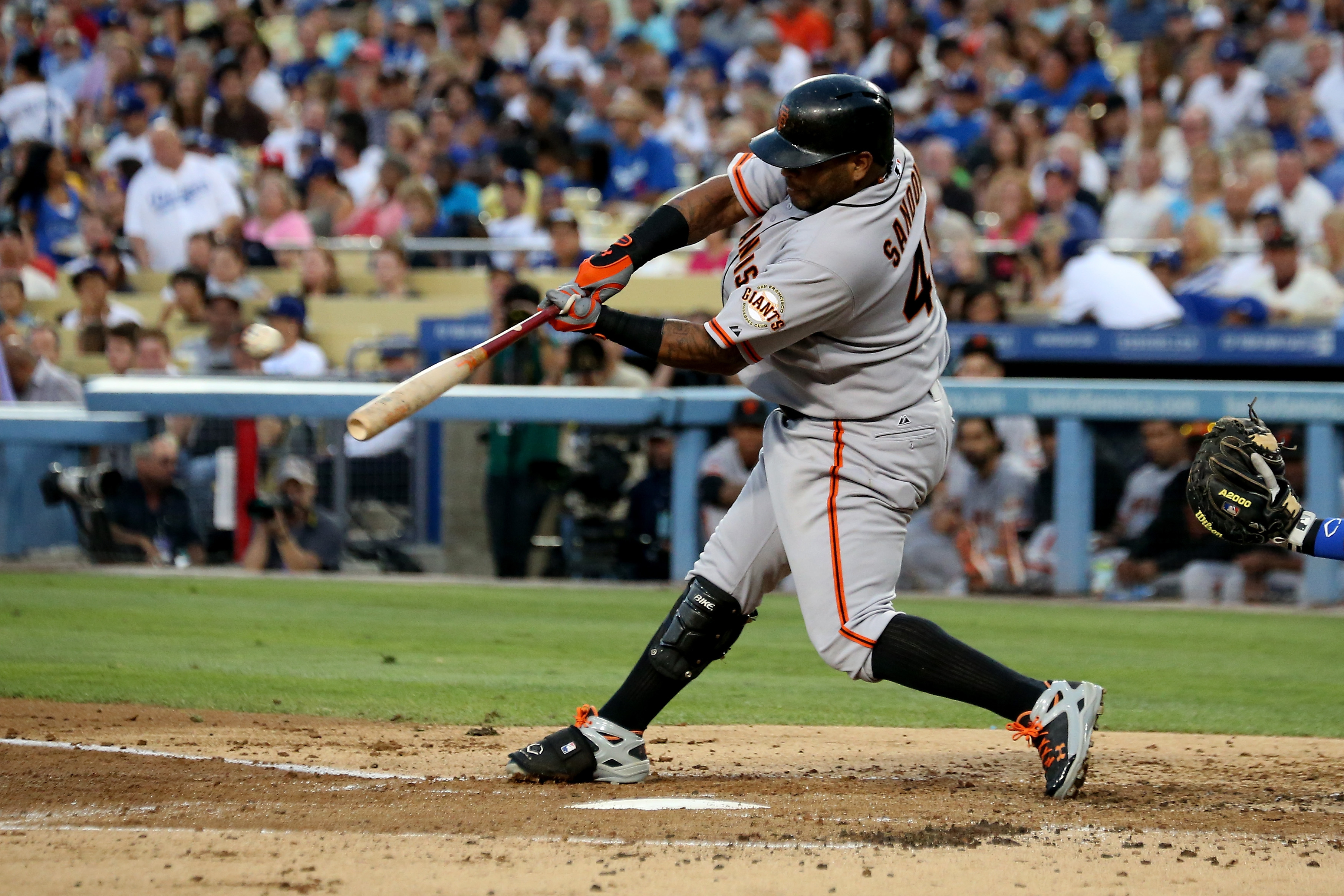 LOS ANGELES, CA - SEPTEMBER 14:  Pablo Sandoval #48 of the San Francisco Giants hits a two run double in the second inning against the Los Angeles Dodgers at Dodger Stadium on September 14, 2013 in Los Angeles, California.  (Photo by Stephen Dunn/Getty Images)