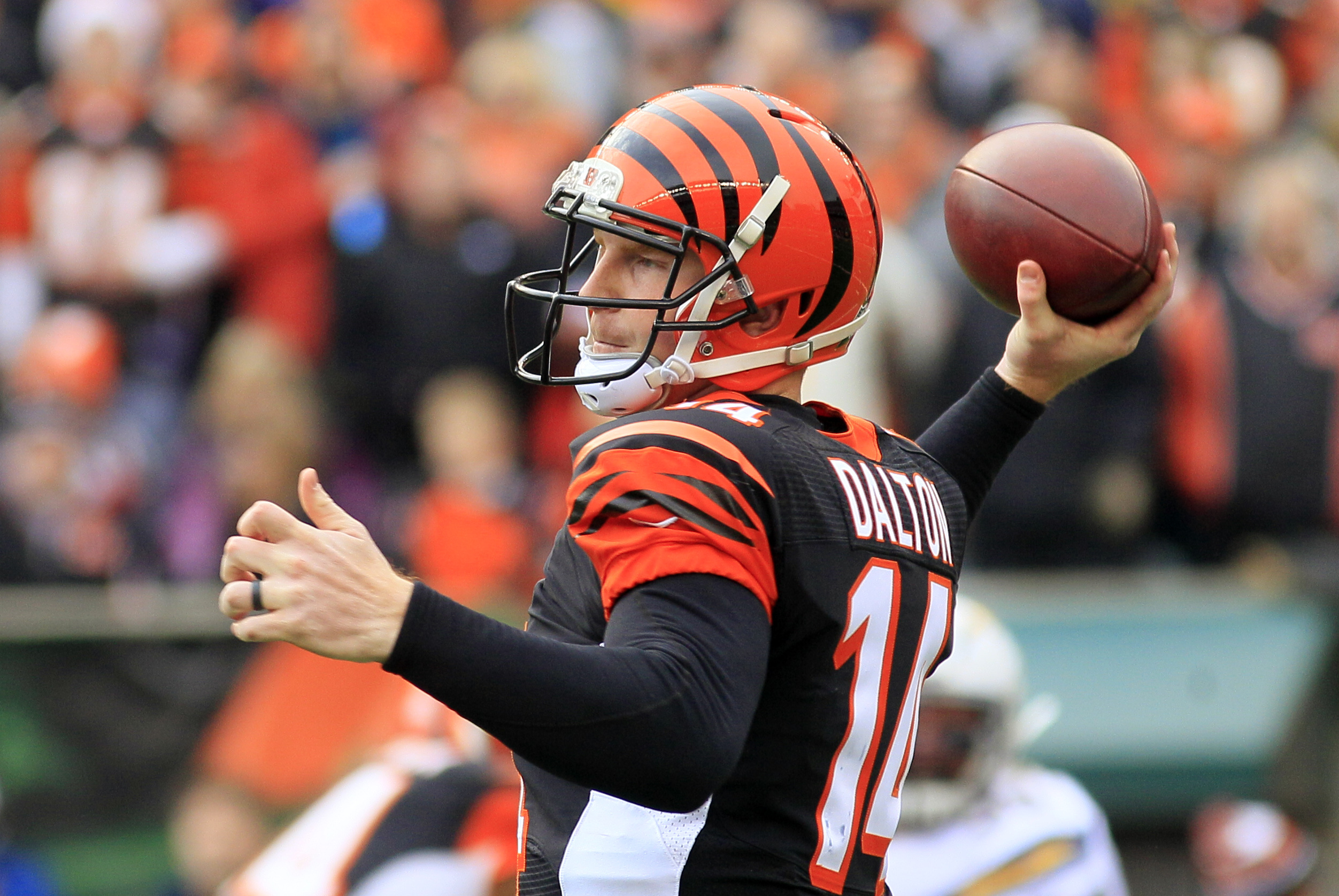 Cincinnati Bengals quarterback Andy Dalton passes against the San Diego Chargers in the first half of an NFL wild-card playoff football game on Sunday, Jan. 5, 2014, in Cincinnati. (AP Photo/Tom Uhlman)