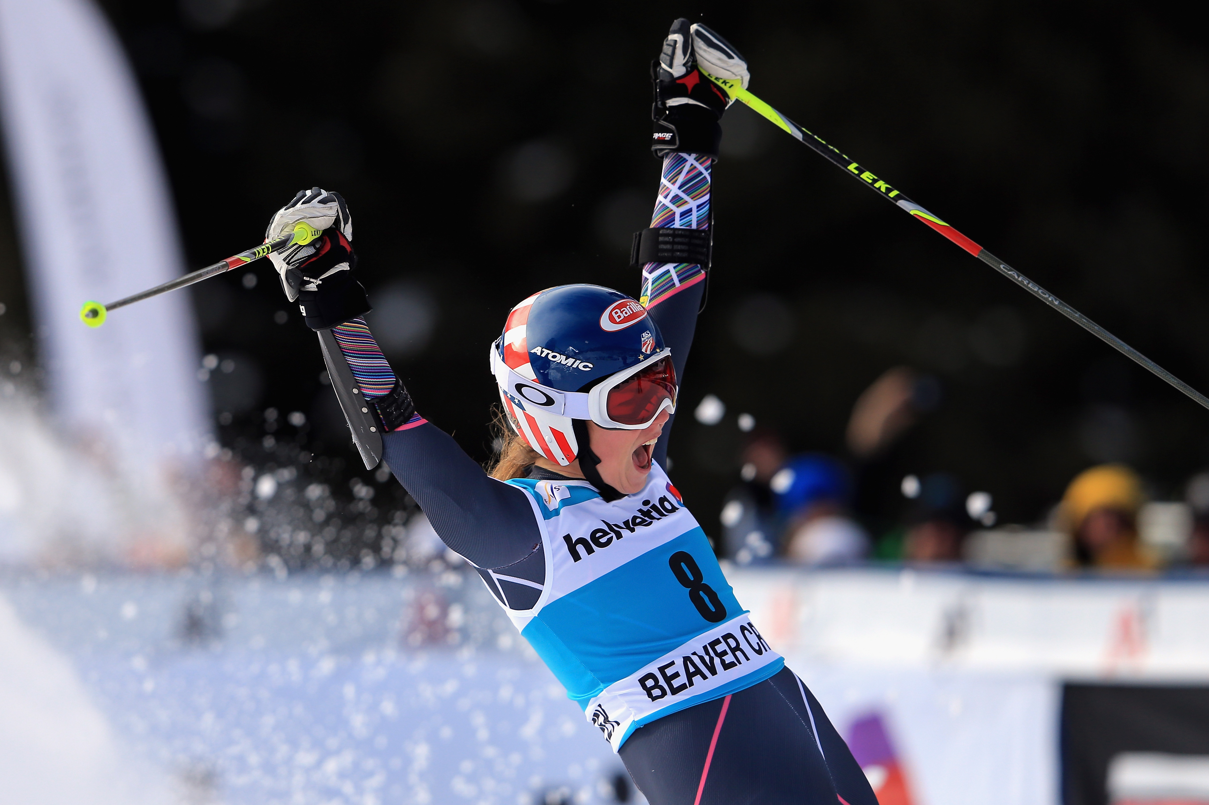 BEAVER CREEK, CO - DECEMBER 01:  Mikaela Shiffrin of the United States celebrates after her finish as she placed second in the ladies' giant slalom at the Audi FIS Ski World Cup at Beaver Creek on December 1, 2013 in Beaver Creek, Colorado.  (Photo by Doug Pensinger/Getty Images)