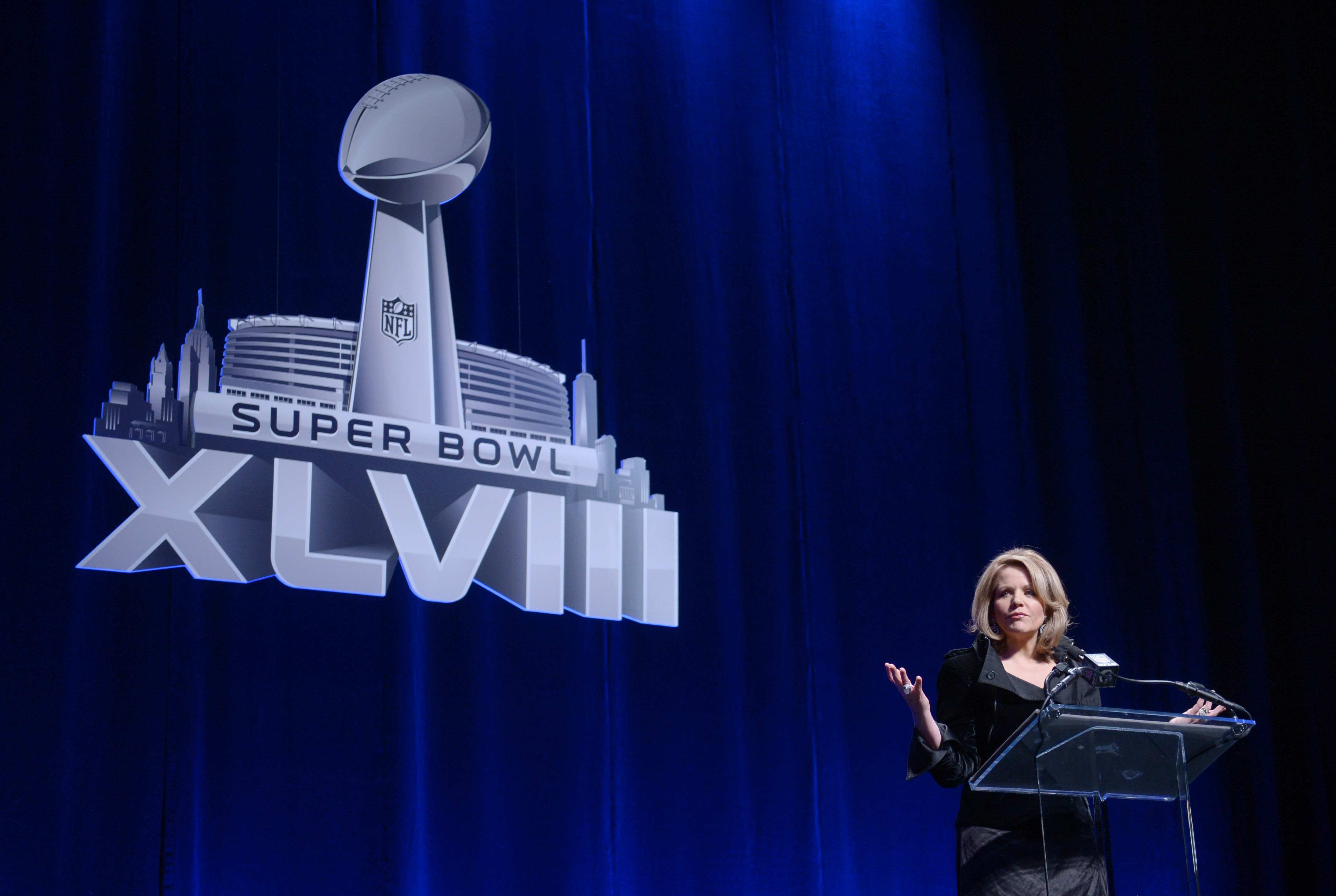 Jan 30, 2014; New York, NY, USA; Opera singer Renee Fleming addresses the media during a National Anthem press conference for Super Bowl XLVIII at Rose Theater. Mandatory Credit: Kirby Lee-USA TODAY Sports