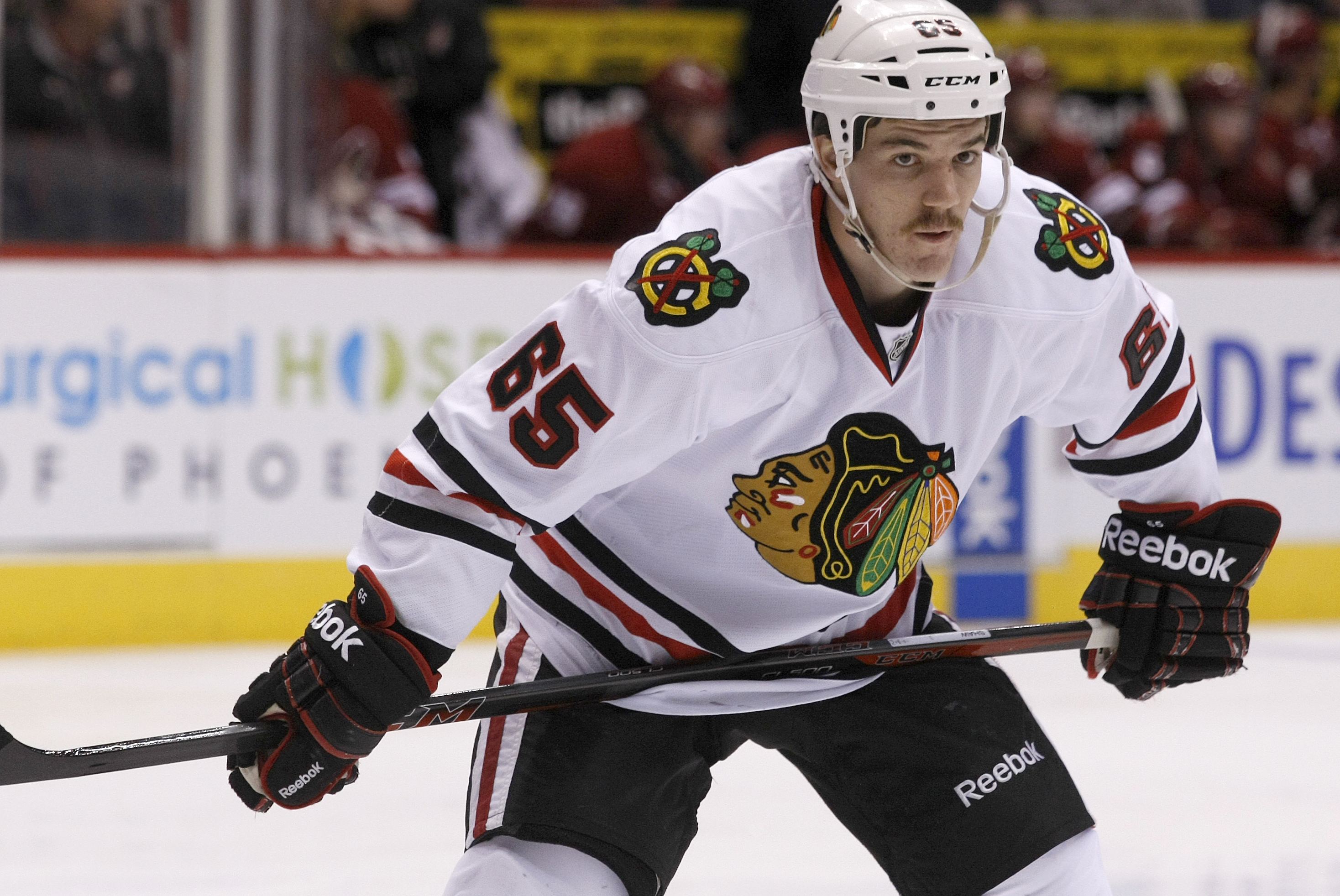 Chicago Blackhawks center Andrew Shaw (65) against the Phoenix Coyotes in the first period during an NHL hockey game on Saturday, Nov. 30, 2013, in Glendale, Ariz. (AP Photo/Rick Scuteri)