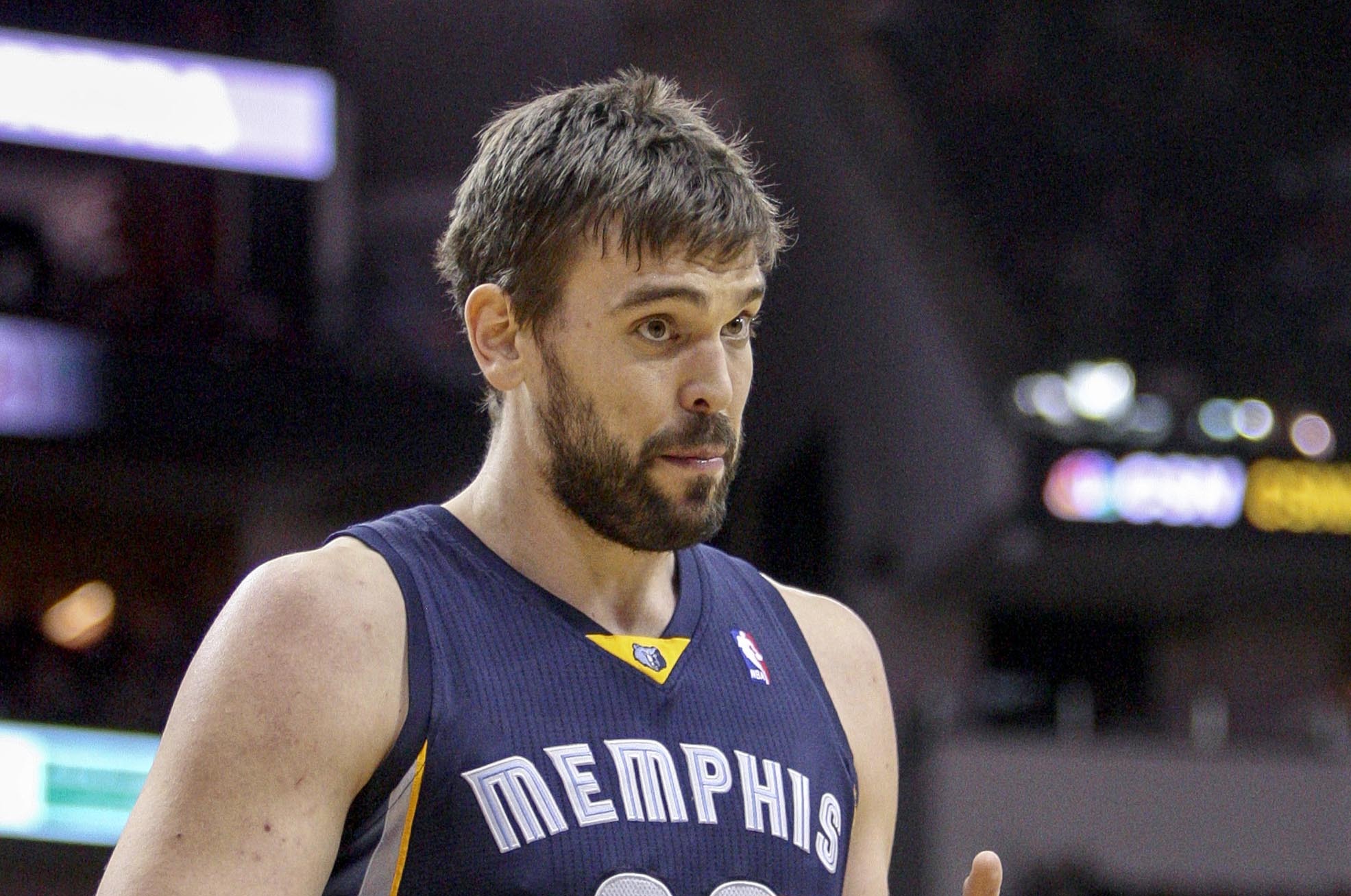 Jan 24, 2014; Houston, TX, USA; Memphis Grizzlies center Marc Gasol (33) reacts after a play during the second quarter against the Houston Rockets at Toyota Center. Mandatory Credit: Troy Taormina-USA TODAY Sports
