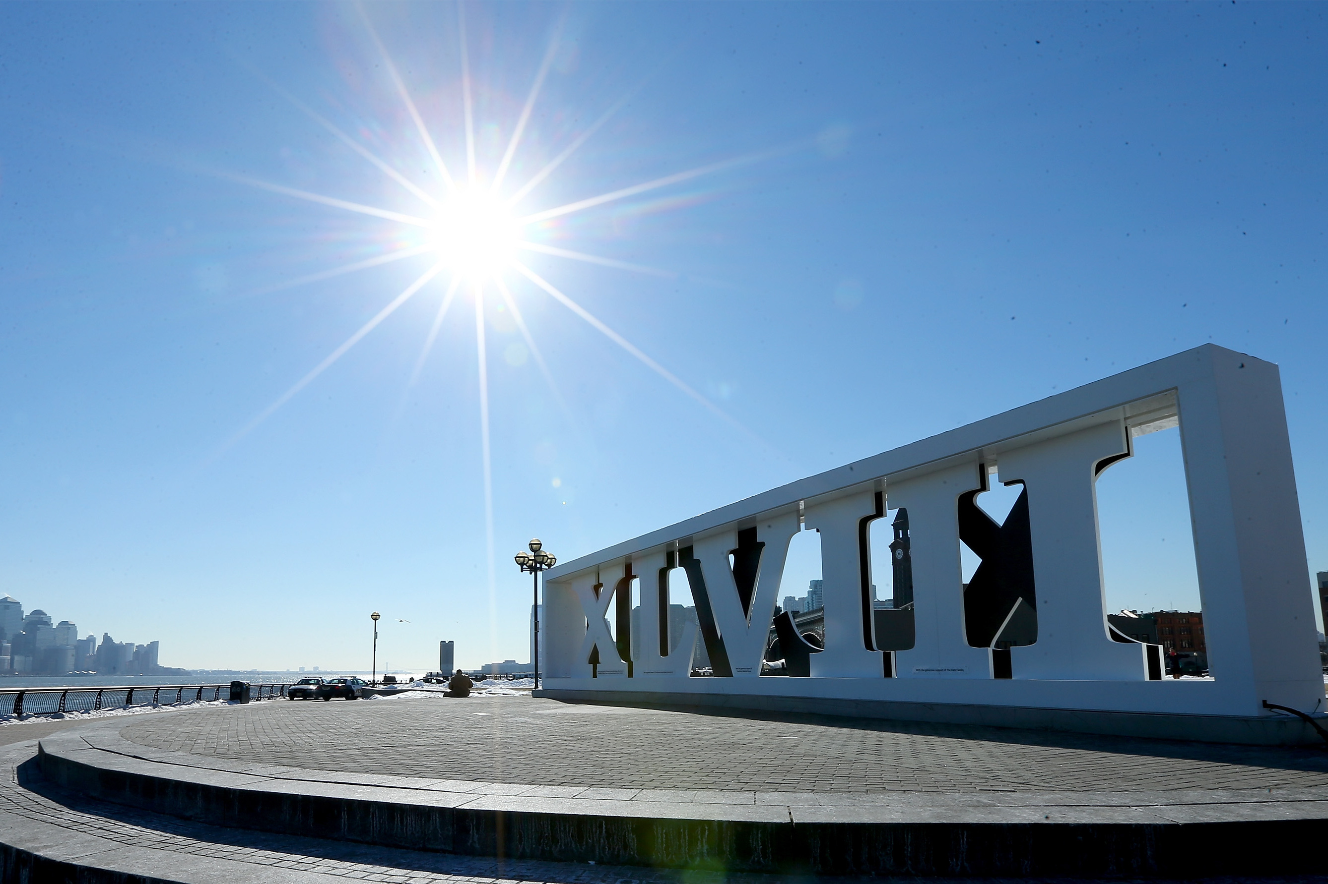 HOBOKEN, NJ - JANUARY 30:  The Super Bowl XLVII sign stands at Pier A in January 30, 2014 Hoboken, New Jersey.The Denver Broncos and the Seattle Seahawks will play in Super Bowl XLVII on Sunday at MetLife Stadium.  (Photo by Elsa/Getty Images)