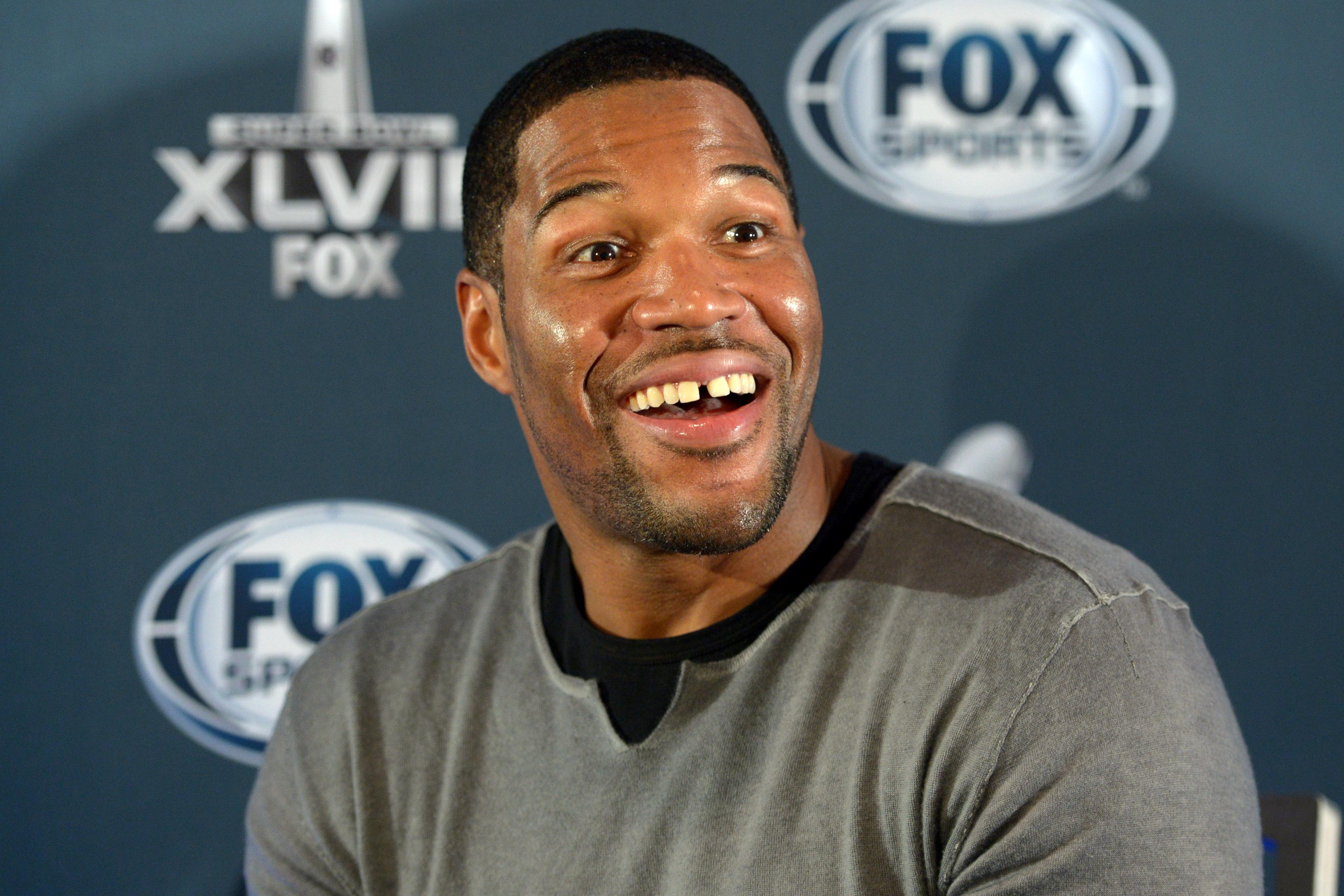 Jan 28, 2014; New York, NY, USA; New York Giants former defensive end Michael Strahan at a Fox Sports press conference at Empire East Ballroom at the Sheraton New York Times Square in advance of Super Bowl XLVIII. Mandatory Credit: Kirby Lee-USA TODAY Sports