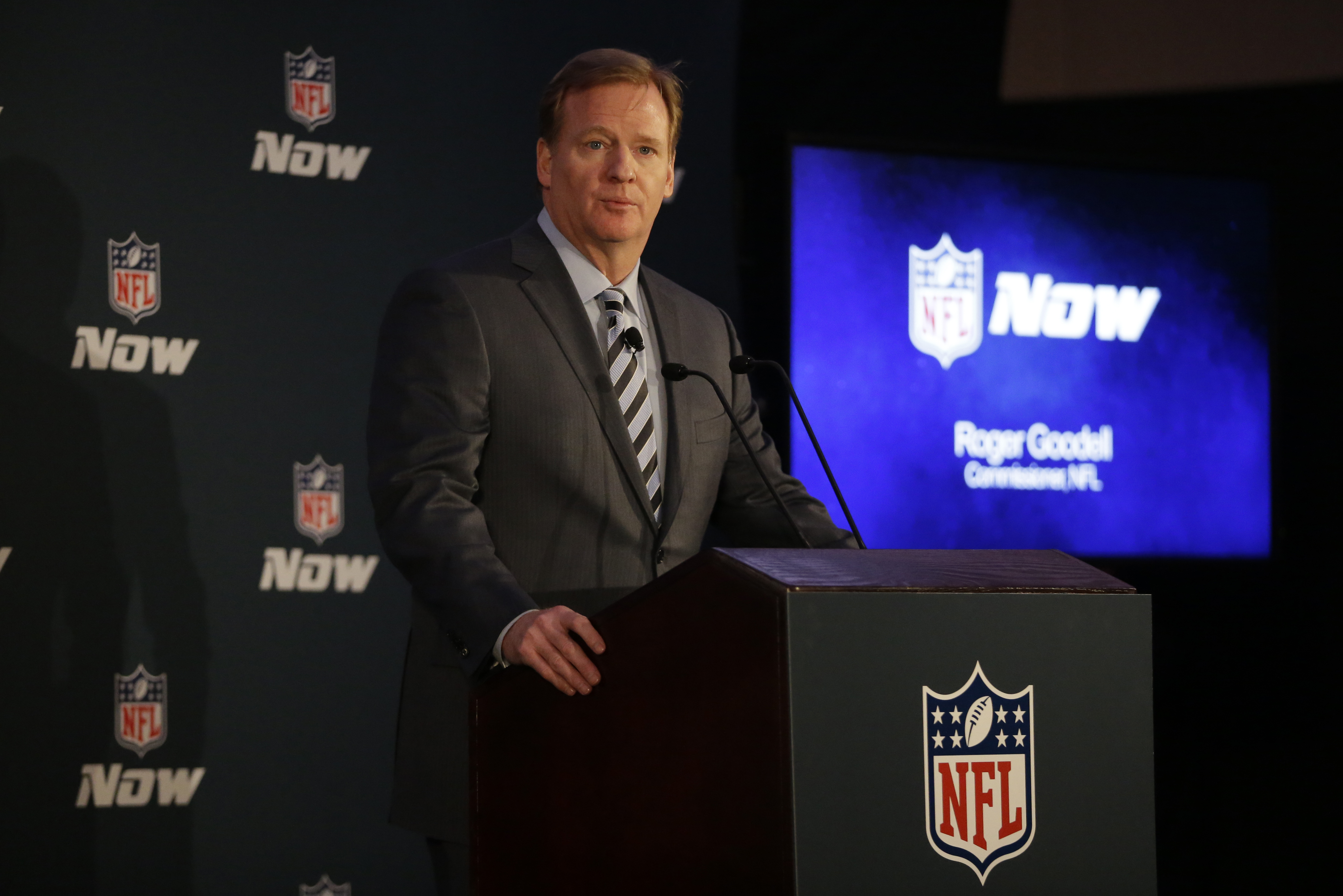 NFL commissioner Roger Goodell talks during a news conference announcing the launch of NFL Now, a multimedia effort to engage fans with the league, Thursday, Jan. 30, 2014, in New York, N.J. The Seattle Seahawks are scheduled to play the Denver Broncos in the NFL Super Bowl XLVIII football game on Sunday, Feb. 2, at MetLife Stadium in East Rutherford, N.J. (AP Photo)