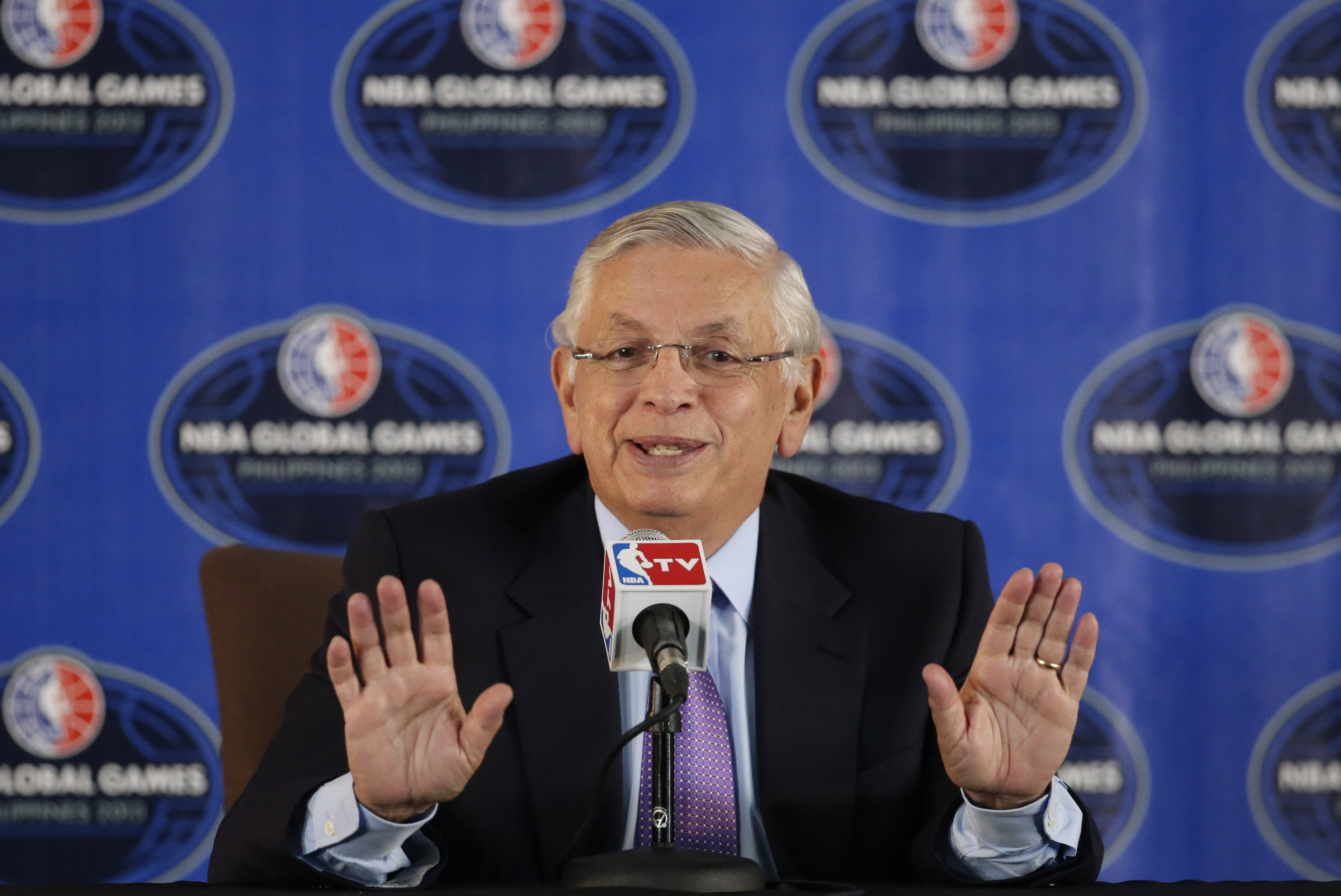 Outgoing NBA Commissioner David Stern answers questions from reporters at a news conference prior to the start of the pre-season game between the Houston Rockets and Indiana Pacers Thursday Oct. 10, 2013 at the Mall of Asia Arena at suburban Pasay city, south of Manila, Philippines. The NBA game in this basketball-crazy Southeast Asian nation is part of the NBA's global schedule that will have eight teams play in six countries this month. (AP Photo/Bullit Marquez)