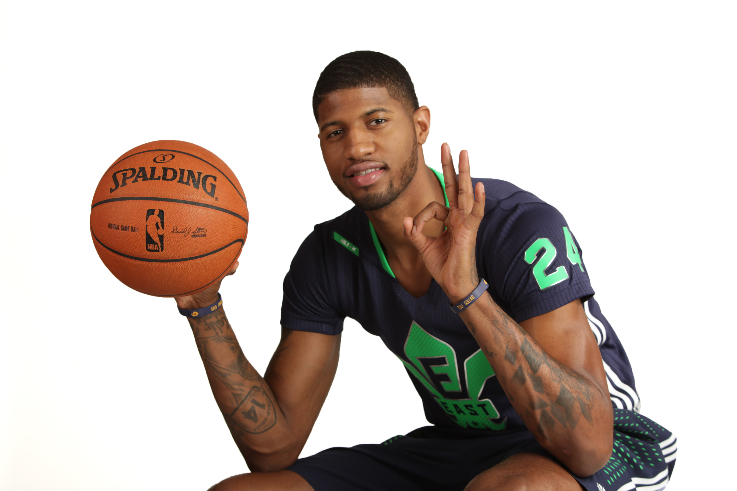 INDIANAPOLIS, IN - JANUARY 17: Paul George #24 of the Indiana Pacers poses for a portrait in the 2014 All-Star Uniform being named a starter on January 17, 2014 at BankersLife Fieldhouse in Indianapolis, Indiana. NOTE TO USER: User expressly acknowledges and agrees that, by downloading and/or using this Photograph, User is consenting to the terms and conditions of the Getty Images License Agreement. Mandatory copyright notice: Copyright NBAE 2014(Photo by Ron Hoskins/NBAE via Getty Images)