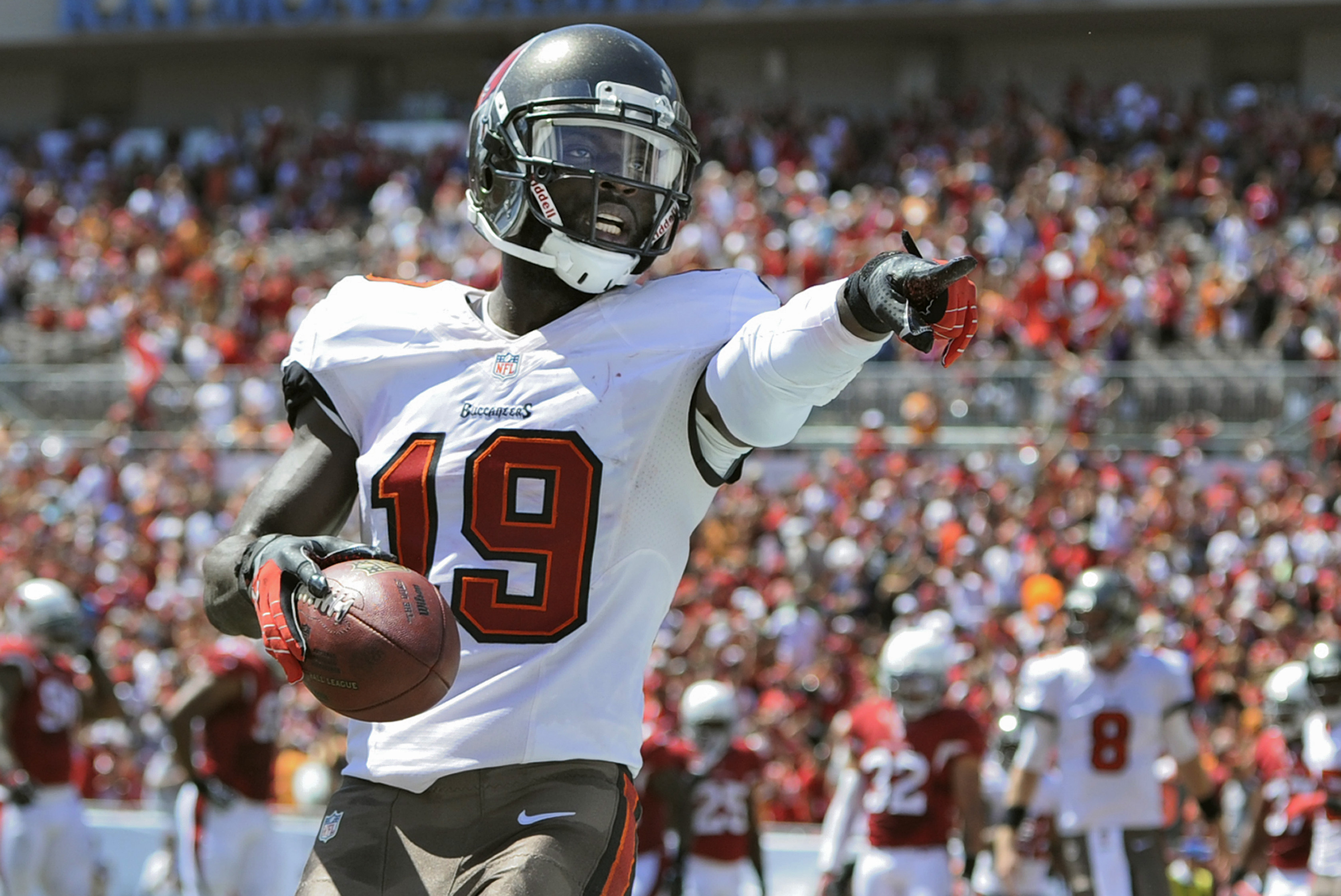 Tampa Bay Buccaneers wide receiver Mike Williams (19) celebrates after catching a first quarter touchdown pass from quarterback Mike Glennon during the first quarter of an NFL football game against the Arizona Cardinals Sunday, Sept. 29, 2013, in Tampa, Fla. (AP Photo/Brian Blanco)