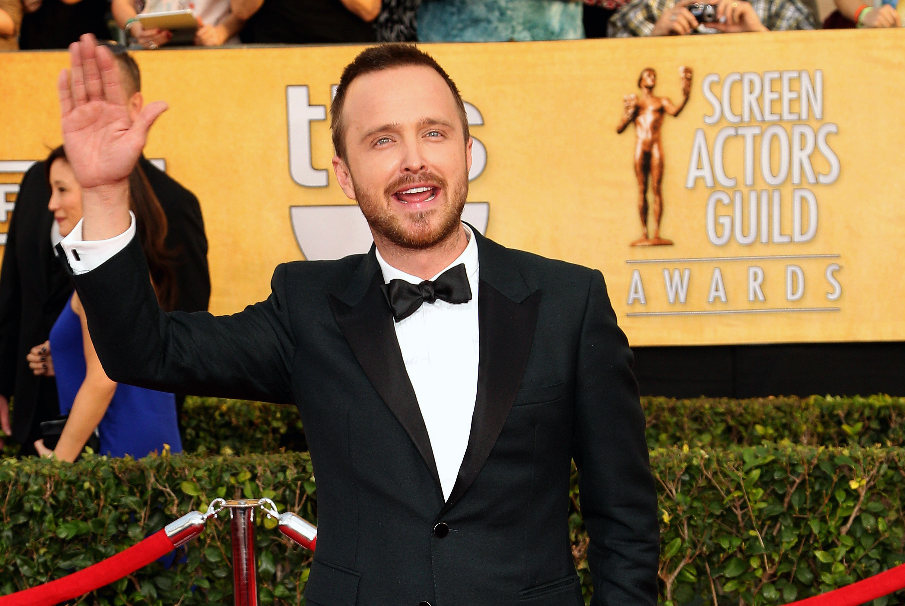 Aaron Paul arrives at the 20th annual Screen Actors Guild Awards at the Shrine Auditorium on Saturday, Jan. 18, 2014, in Los Angeles. (Photo by Paul A. Hebert/Invision/AP)