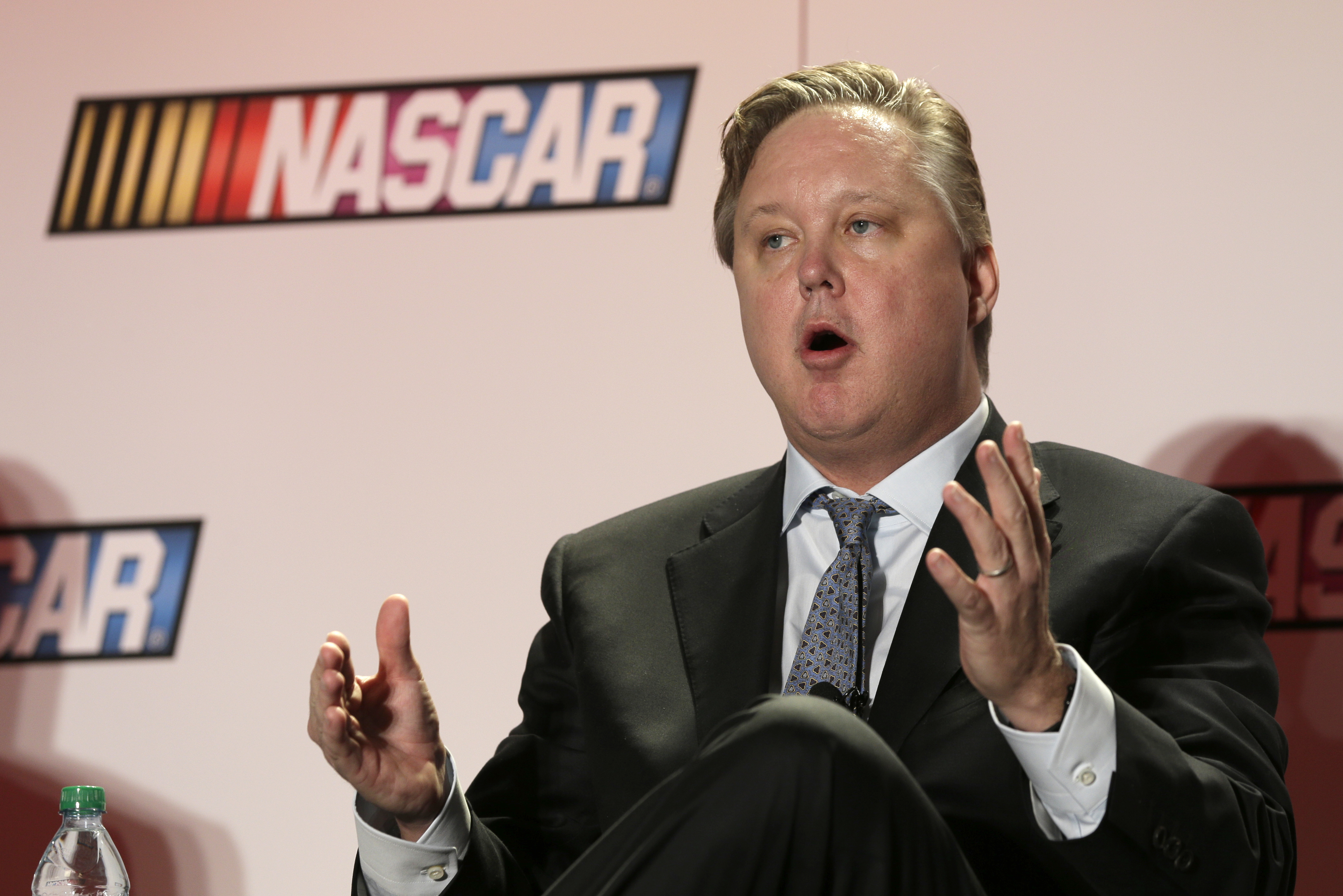 NASCAR CEO Brian France talks to the media during a news conference at the NASCAR Sprint Cup auto racing Media Tour in Charlotte, N.C., Thursday, Jan. 30, 2014. (AP Photo)