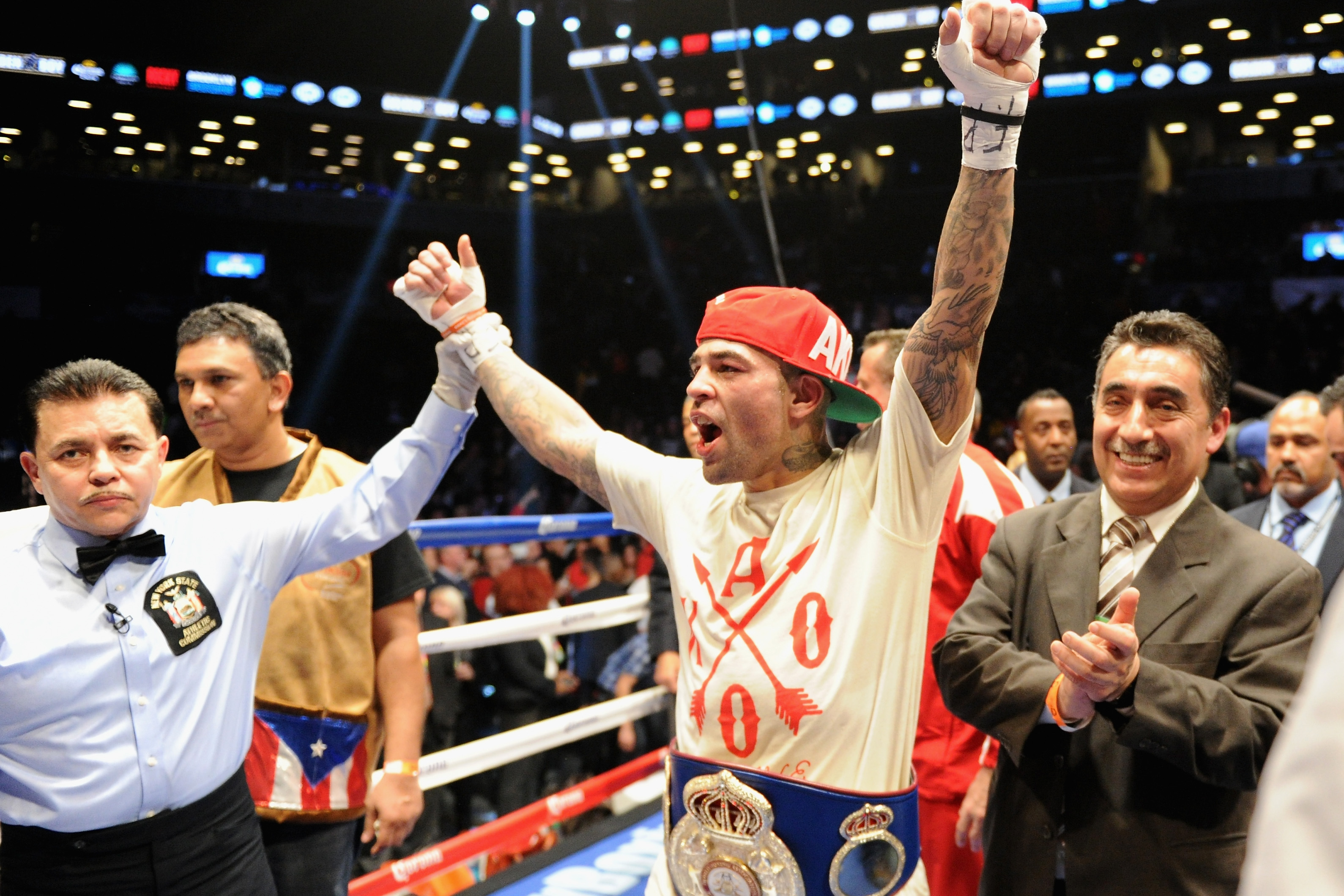 NEW YORK, NY - JANUARY 30: Luis Collazo celebrates his knock out against Victor Ortiz after their WBA International Welterweight title fight at Barclays Center on January 30, 2014 in the Brooklyn borough of New York City.  (Photo by Maddie Meyer/Getty Images)