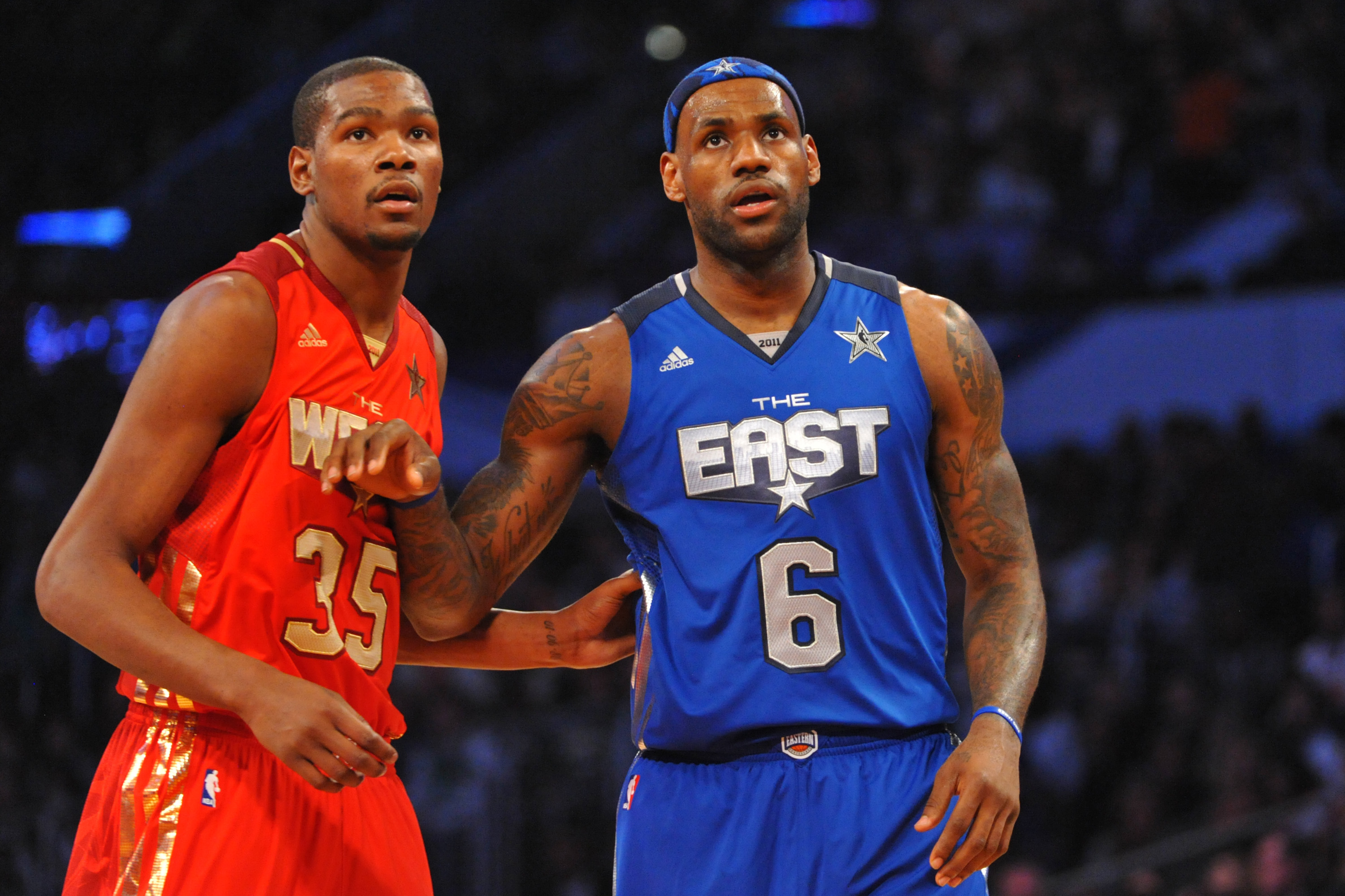 LOS ANGELES, CA - FEBRUARY 20: LeBron James #6 of the Eastern Conference All-Stars stands with Kevin Durant #35 of the Western Conference All-Stars during the 2011 NBA All-Star Game on February 20, 2011 at the Staples Center in Los Angeles, California. NOTE TO USER: User expressly acknowledges and agrees that, by downloading and or using this photograph, User is consenting to the terms and conditions of the Getty Images License Agreement. Mandatory Copyright Notice: Copyright 2011 NBAE (Photo by Jesse D. Garrabrant/NBAE via Getty Images)