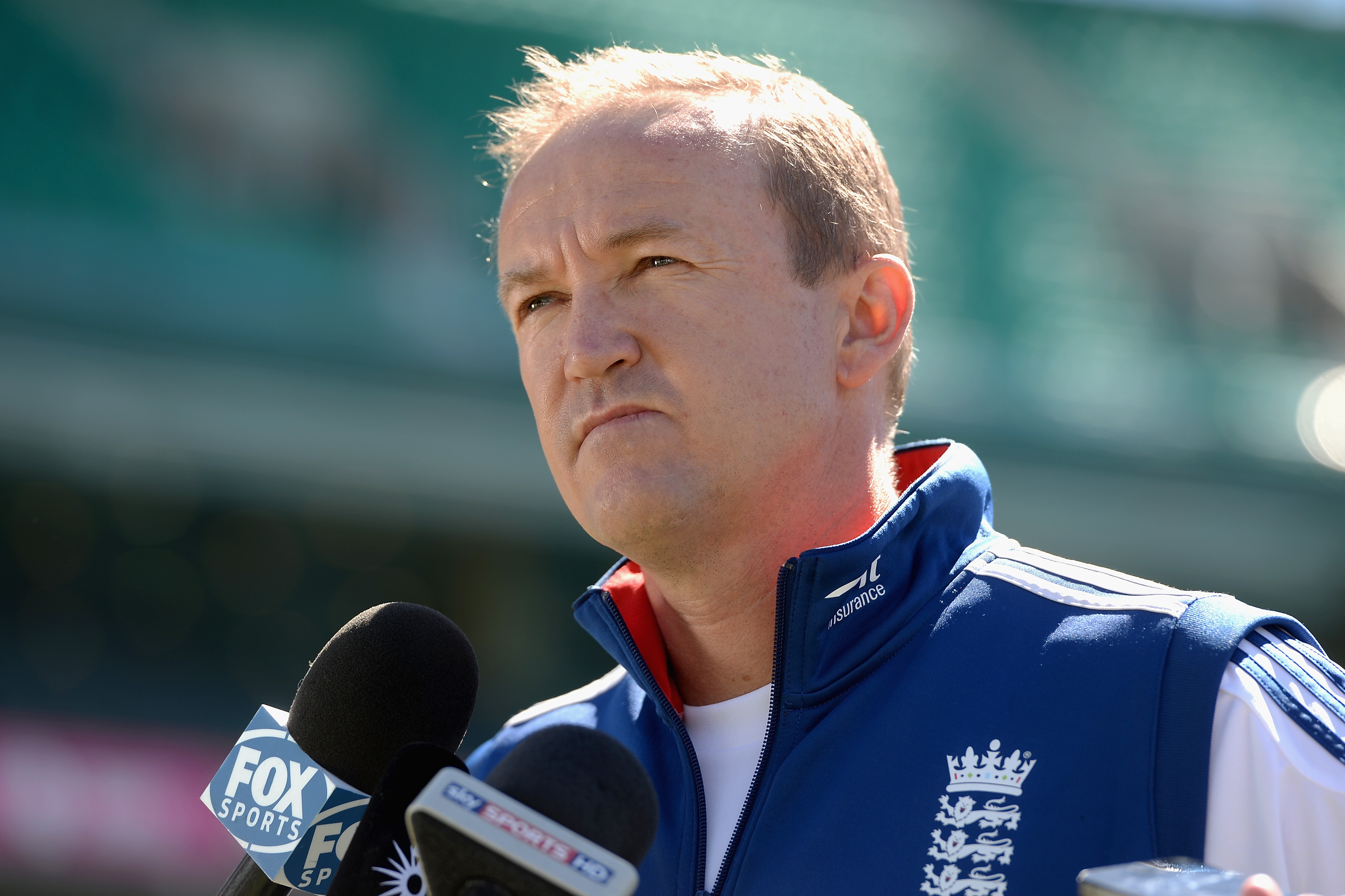 SYDNEY, AUSTRALIA - JANUARY 06:  England coach Andy Flower talks to the media at a press conference at the Sydney Cricket Ground on January 6, 2014 in Sydney, Australia.  (Photo by Gareth Copley/Getty Images)