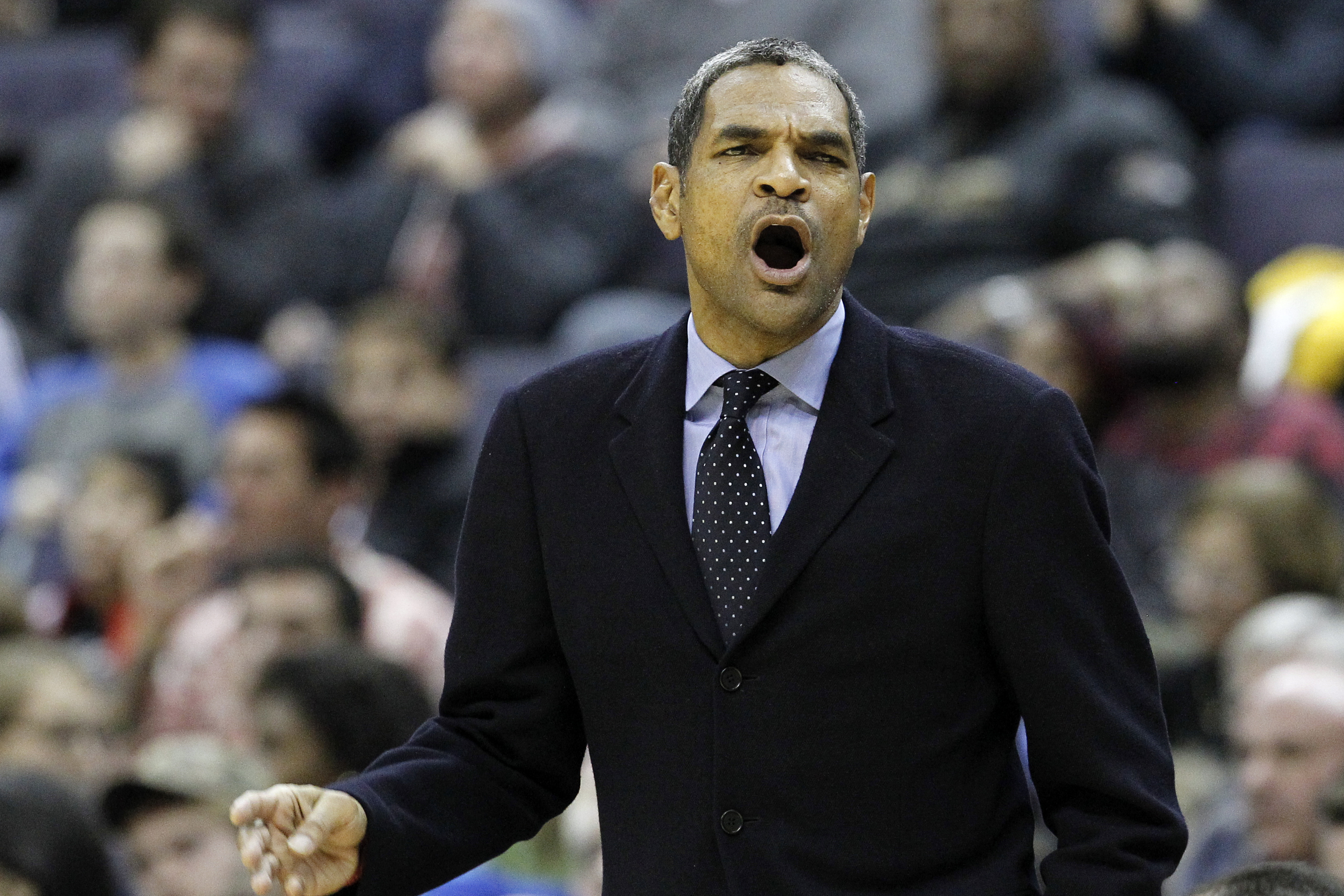 Detroit Pistons head coach Maurice Cheeks reacts in the second half of an NBA basketball game against the Washington Wizards, Saturday, Jan. 18, 2014, in Washington. The Pistons won 104-98. (AP Photo/Alex Brandon)