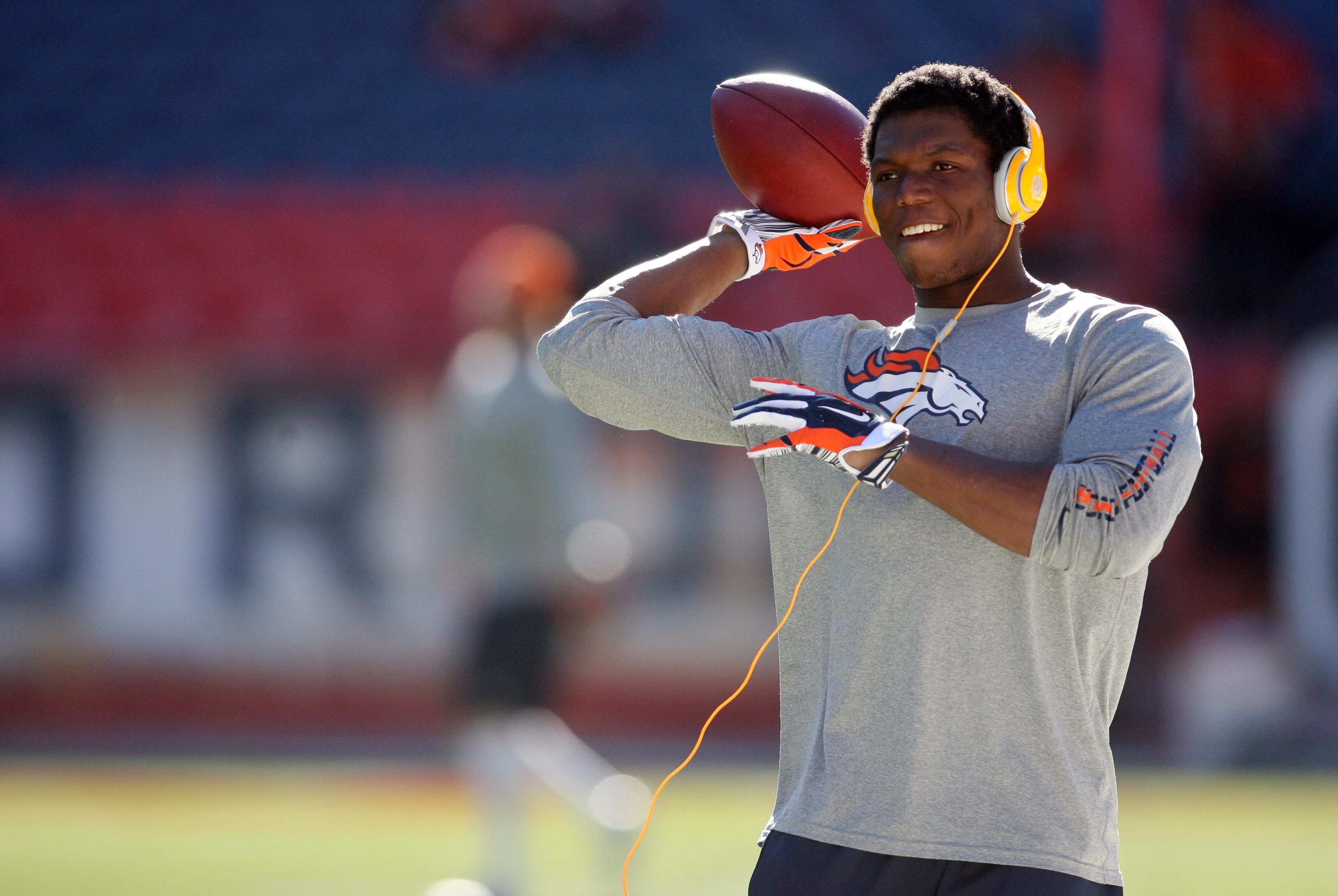 Jan 19, 2014; Denver, CO, USA; Denver Broncos running back Knowshon Moreno (27) warms up before the 2013 AFC championship playoff football game against the New England Patriots at Sports Authority Field at Mile High. Mandatory Credit: Chris Humphreys-USA TODAY Sports