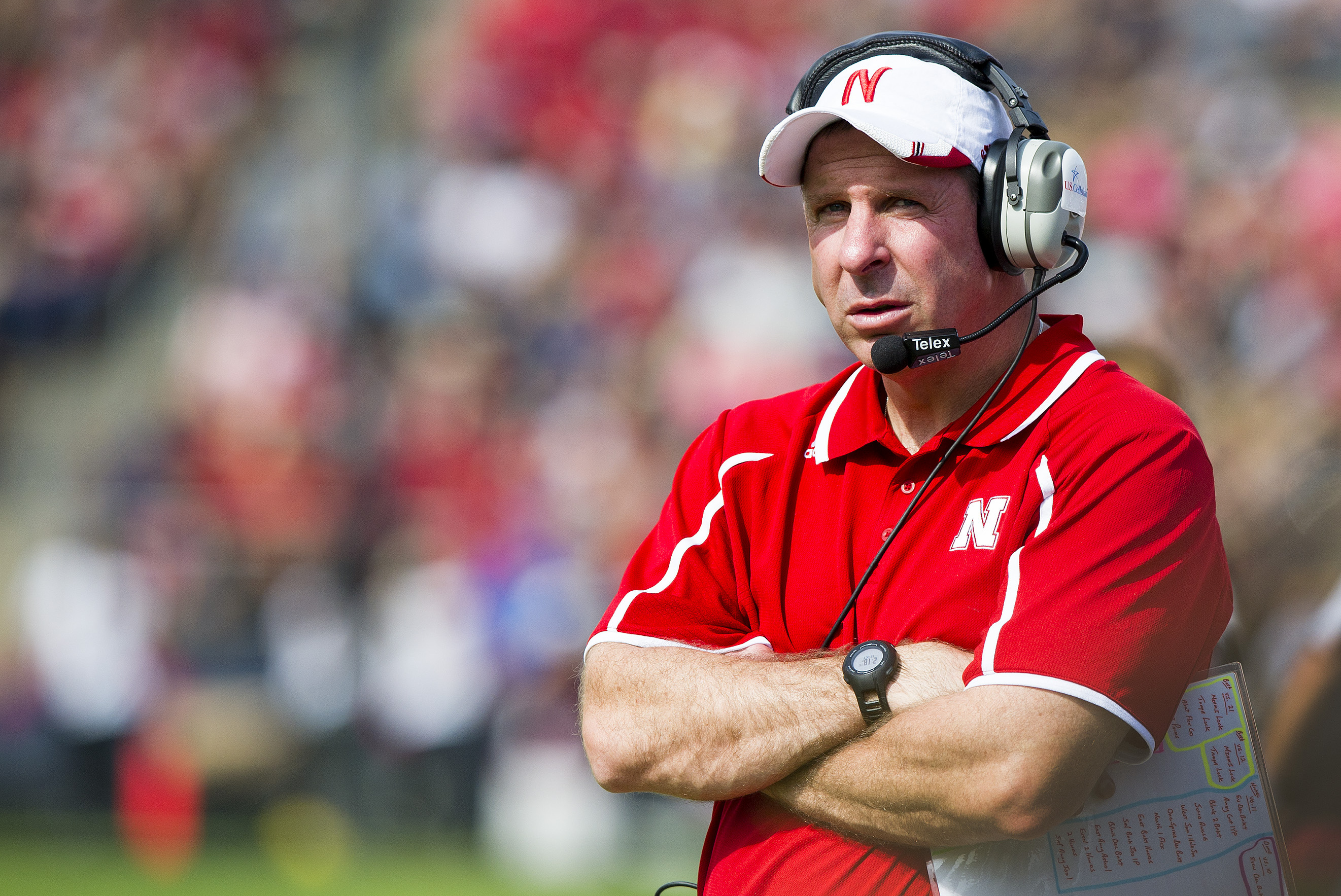 Nebraska head coach Bo Pelini watches a replay on the stadium's screen during the second half of an NCAA college football game against Purdue Saturday, Oct. 12, 2013, in West Lafayette, Ind. Nebraska won 44-7. (AP Photo/Doug McSchooler)