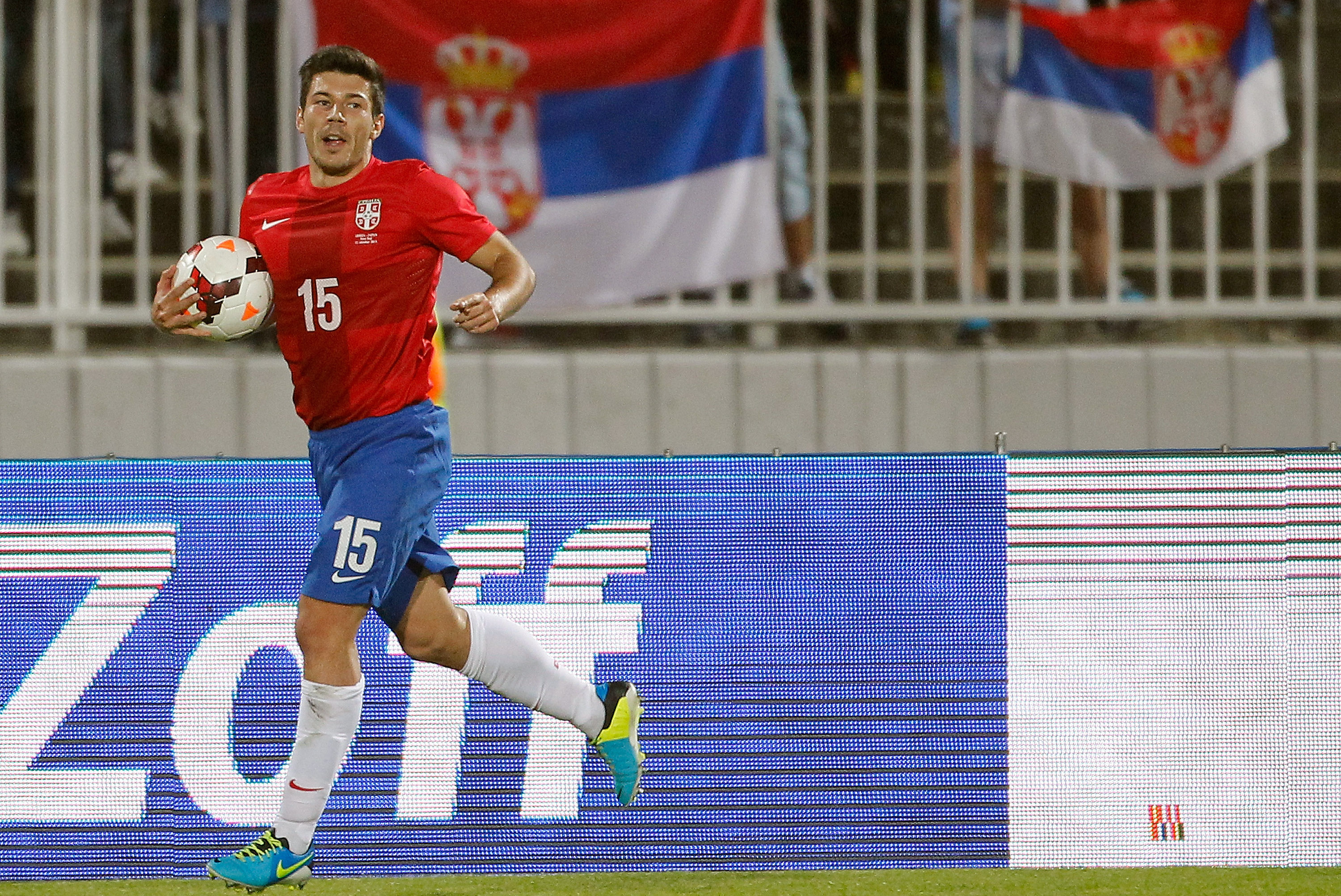 NOVI SAD, SERBIA - OCTOBER 11: Milos Jojic (C) of Serbia celebrates his first goal in national team during international friendly match between Serbia and Japan at stadium Karadjordje on October 11, 2013 in Novi Sad, Serbia (Photo by Srdjan Stevanovic/Getty Images)