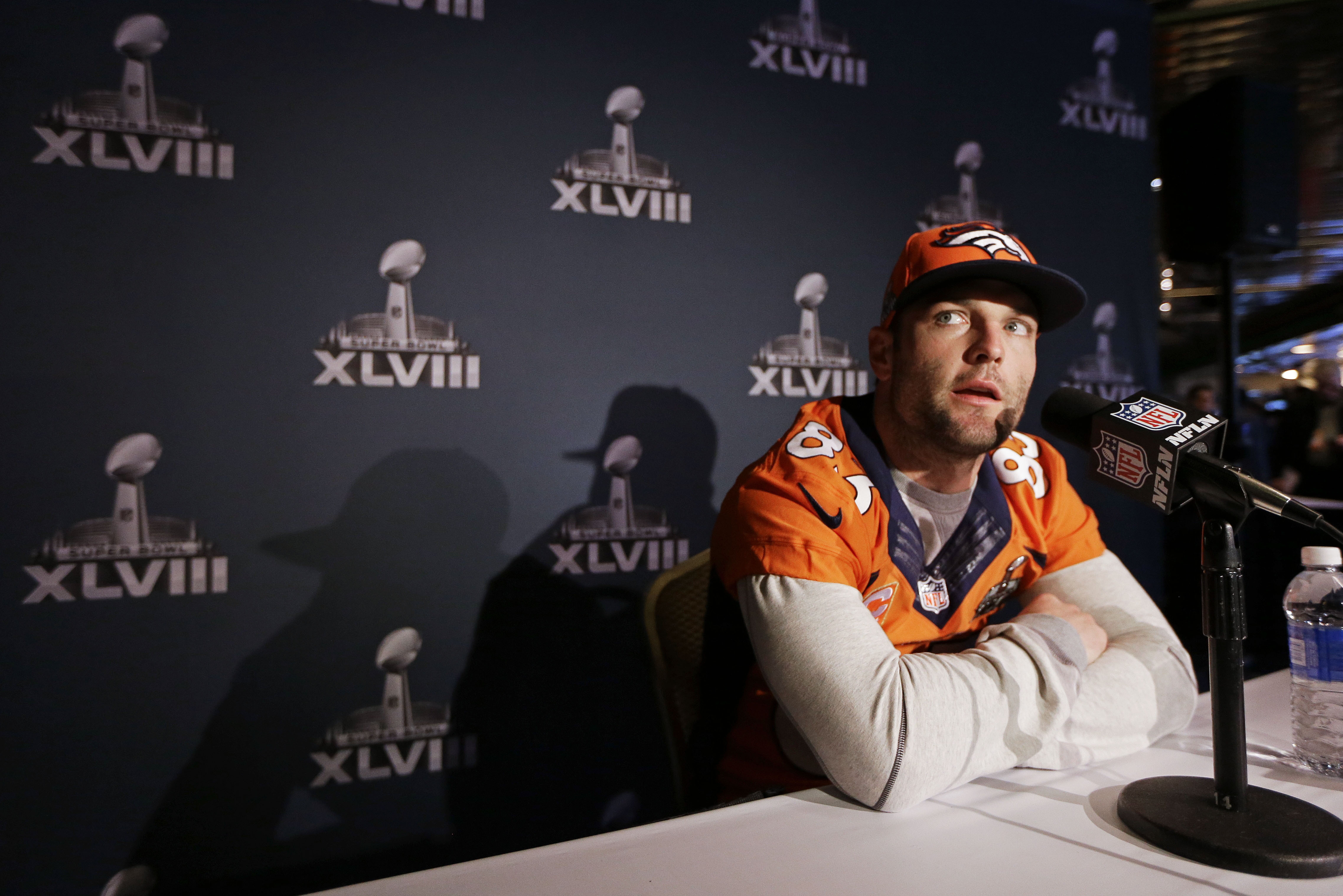 Denver Broncos wide receiver Wes Welker talks with reporters during a news conference Wednesday, Jan. 29, 2014, in Jersey City, N.J. The Broncos are scheduled to play the Seattle Seahawks in the NFL Super Bowl XLVIII football game Sunday, Feb. 2, in East Rutherford, N.J. (AP Photo/Mark Humphrey)