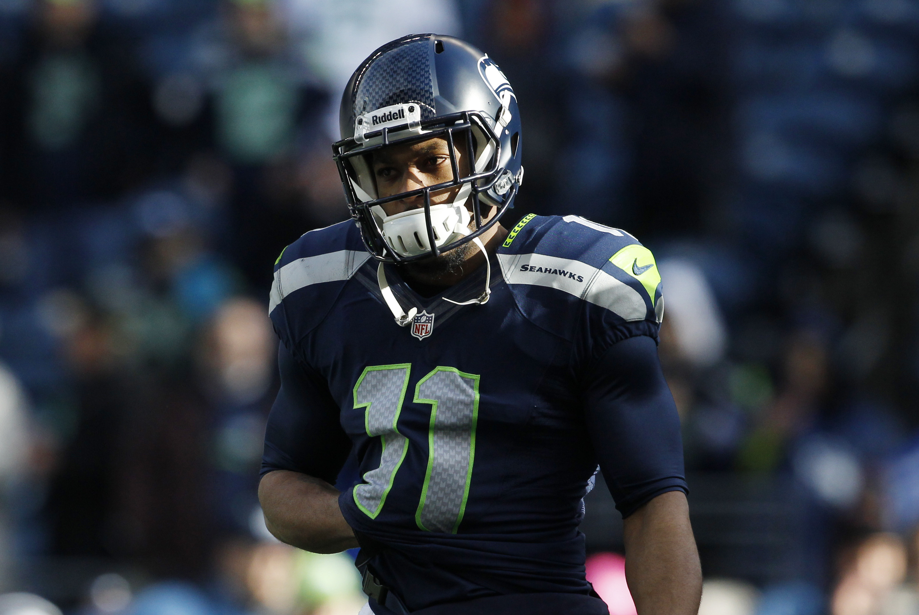 Jan 11, 2014; Seattle, WA, USA; Seattle Seahawks wide receiver Percy Harvin (11) warms up before the 2013 NFC divisional playoff football game against the New Orleans Saints at CenturyLink Field. Mandatory Credit: Joe Nicholson-USA TODAY Sports