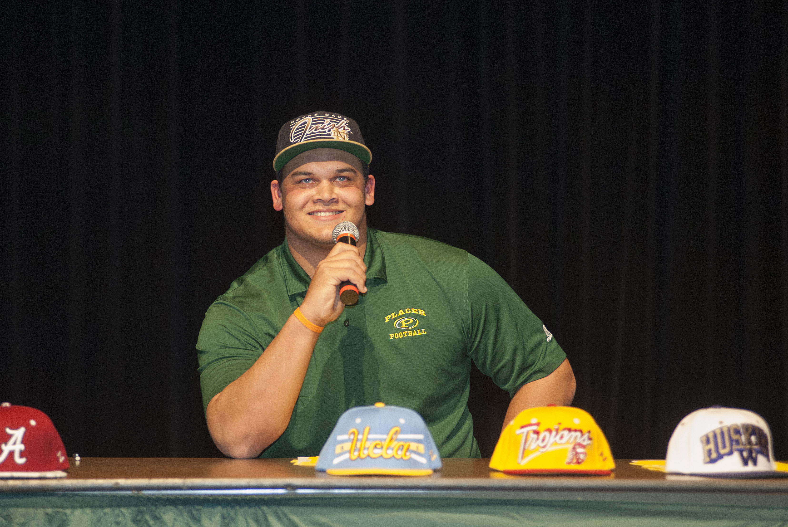 Feb 6, 2013; Auburn, CA, USA; Eddie Vanderdoes announces he will attend Notre Dame on national signing day at Placer High School. Mandatory Credit: Ed Szczepanski-USA TODAY Sports