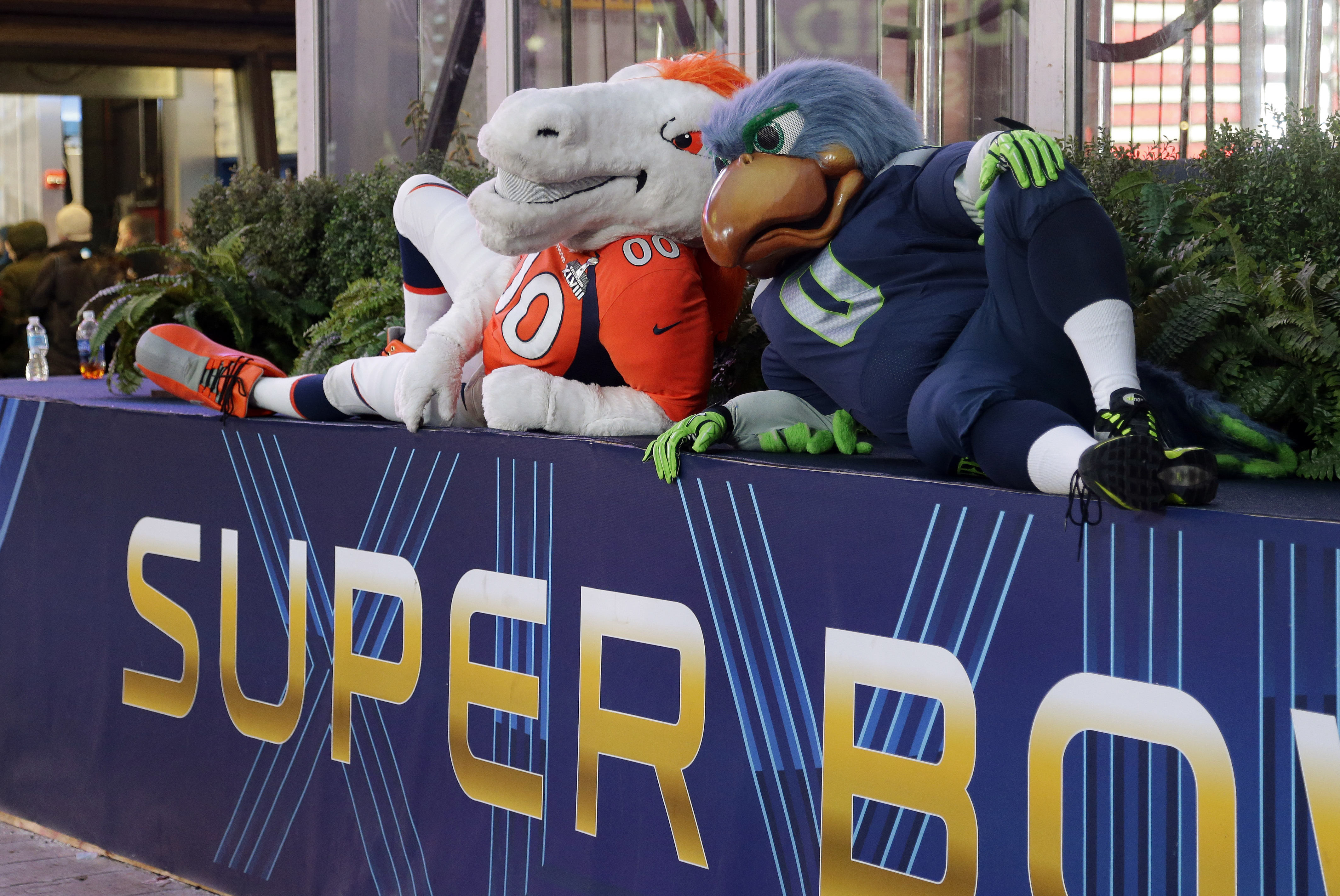 Blitz, right, the Seattle Seahawks mascot, is sits with Miles, left, the Denver Broncos mascot, Friday, Jan. 31, 2014 on top of a Super Bowl sign during a live broadcast of Good Morning America at Times Square in New York. The Seattle Seahawks will play the Broncos Sunday in the NFL Super Bowl XLVIII football game in East Rutherford, N.J. (AP Photo/Ted S. Warren)
