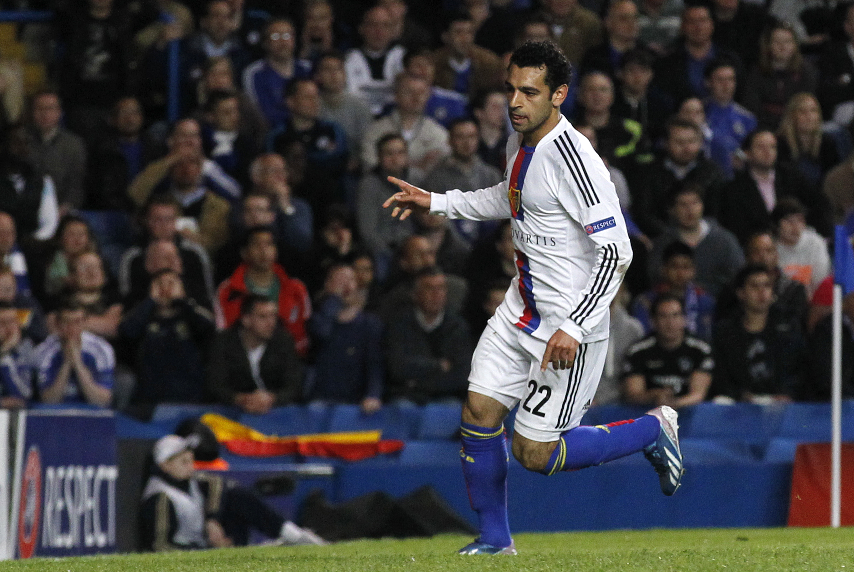 Basel's Mohamed Salah celebrates after scoring a goal against Chelsea during their Europa League semifinal second leg soccer match, at Chelsea's Stamford Bridge stadium in London, Thursday, May  2, 2013. (AP Photo/Sang Tan)