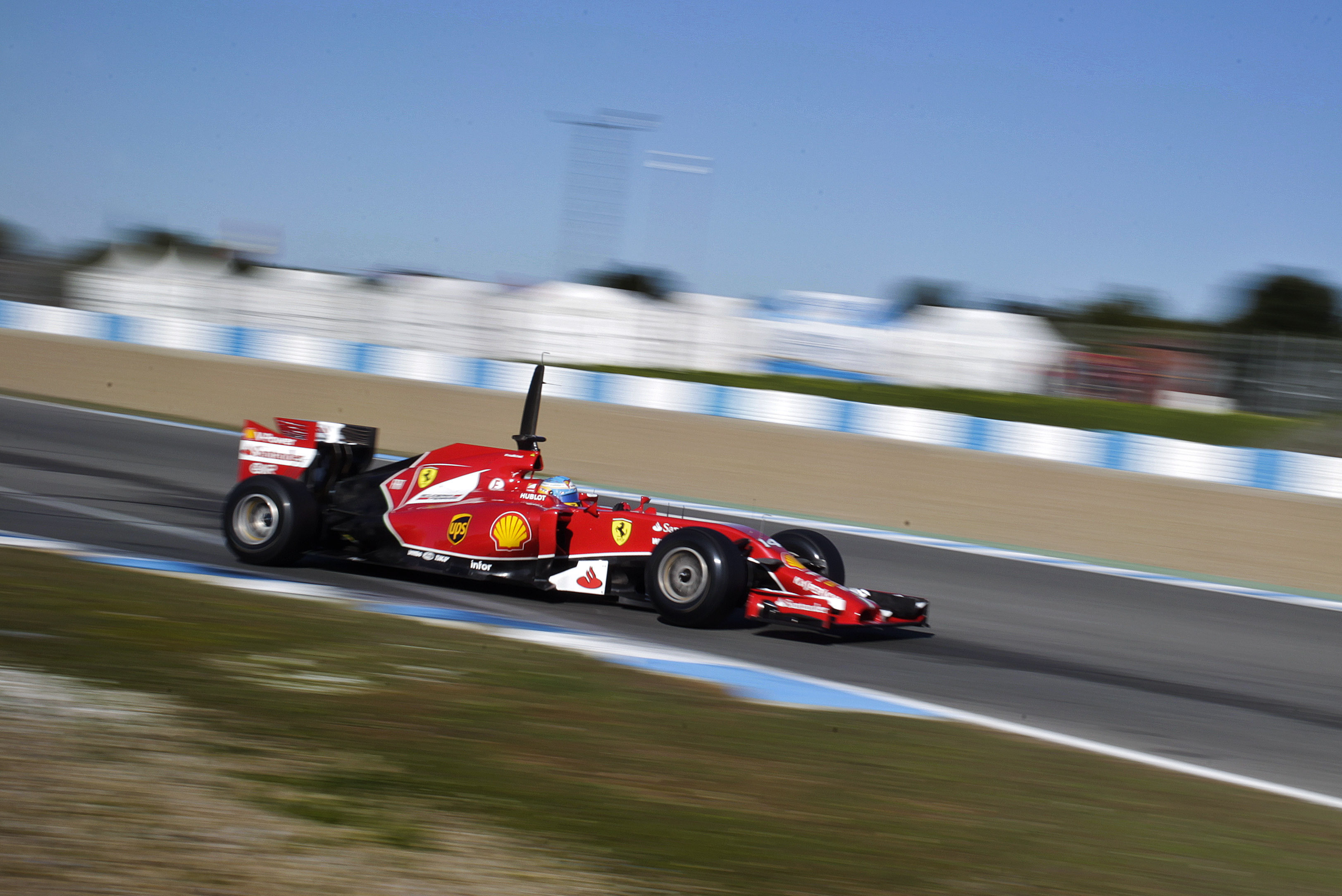 Fernando Alonso of Spain and Ferrari drives the new F14T car during the 2014 Formula One Testing at the Circuito de Jerez on Thursday, Jan. 30, 2014, in Jerez de la Frontera, Spain. (AP Photo/Miguel Angel Morenatti)