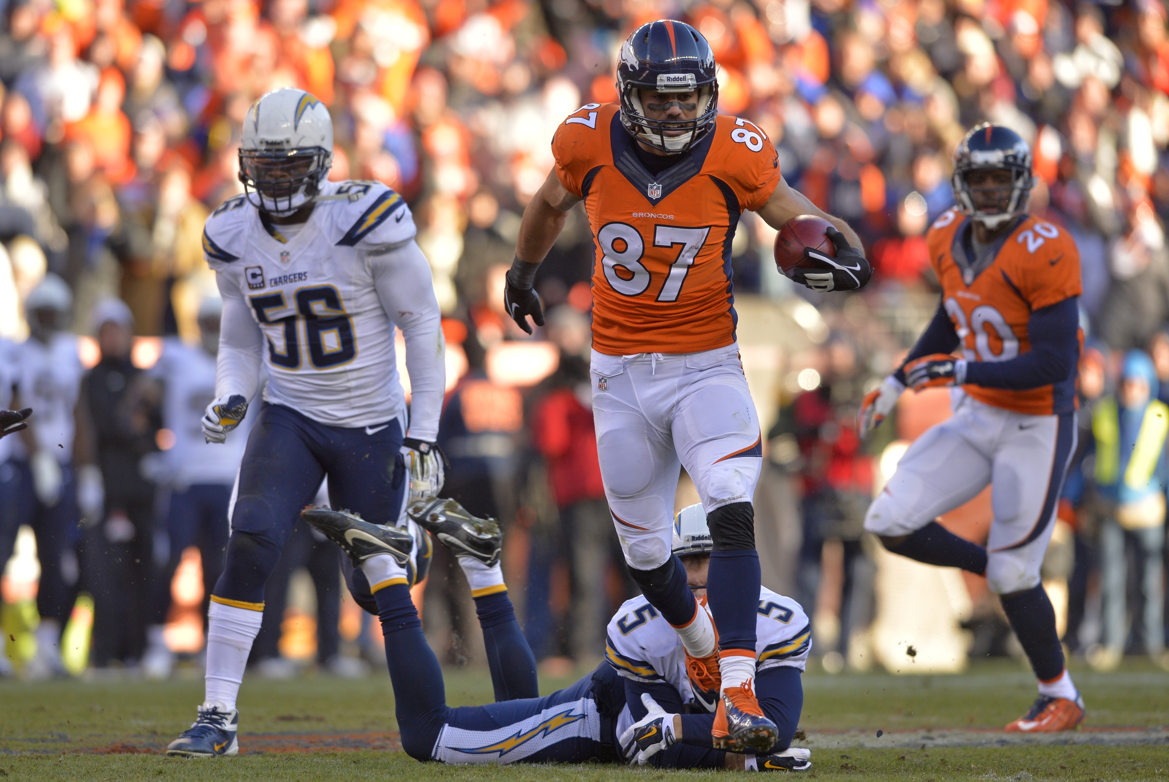 Denver Broncos wide receiver Eric Decker (87) runs the ball upfield on a punt return against the San Diego Chargers in the second quarterof an NFL AFC division playoff football game, Sunday, Jan. 12, 2014, in Denver. (AP Photo/Jack Dempsey)