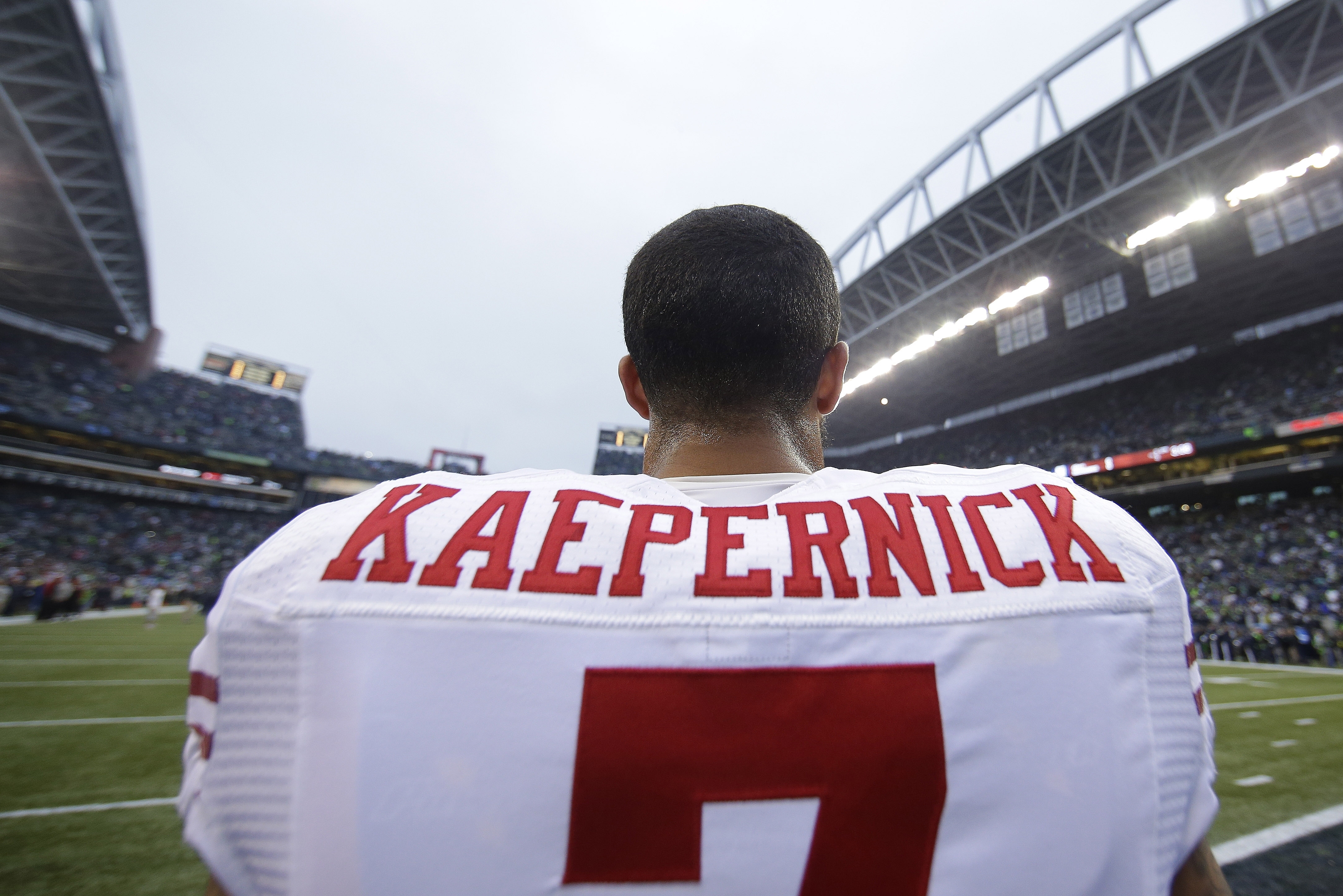 San Francisco 49ers' Colin Kaepernick waits for the start of the NFL football NFC Championship game against the Seattle Seahawks Sunday, Jan. 19, 2014, in Seattle. (AP Photo/Matt Slocum)