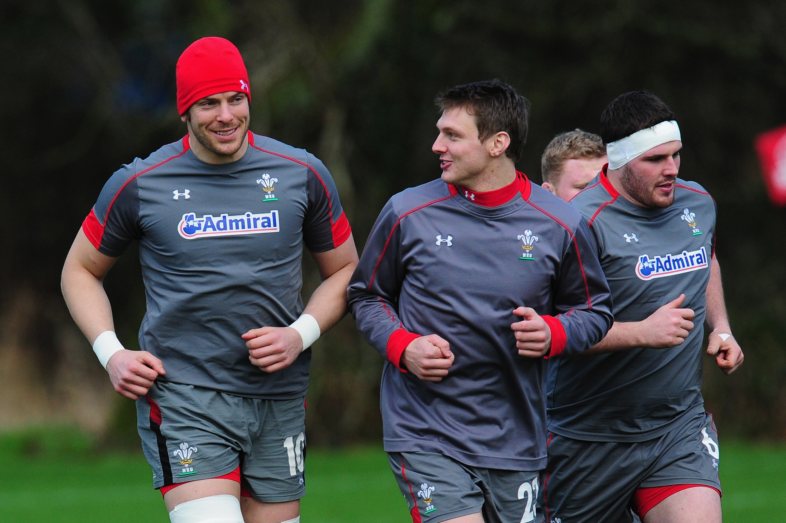 CARDIFF, WALES - JANUARY 28:  Wales captain Alun Wyn Jones (l) and Dan Biggar (r) share a joke during Wales training ahead of their RBS Six Nations match against Italy on saturday, at the Vale hotel on January 28, 2014 in Cardiff, Wales.  (Photo by Stu Forster/Getty Images)