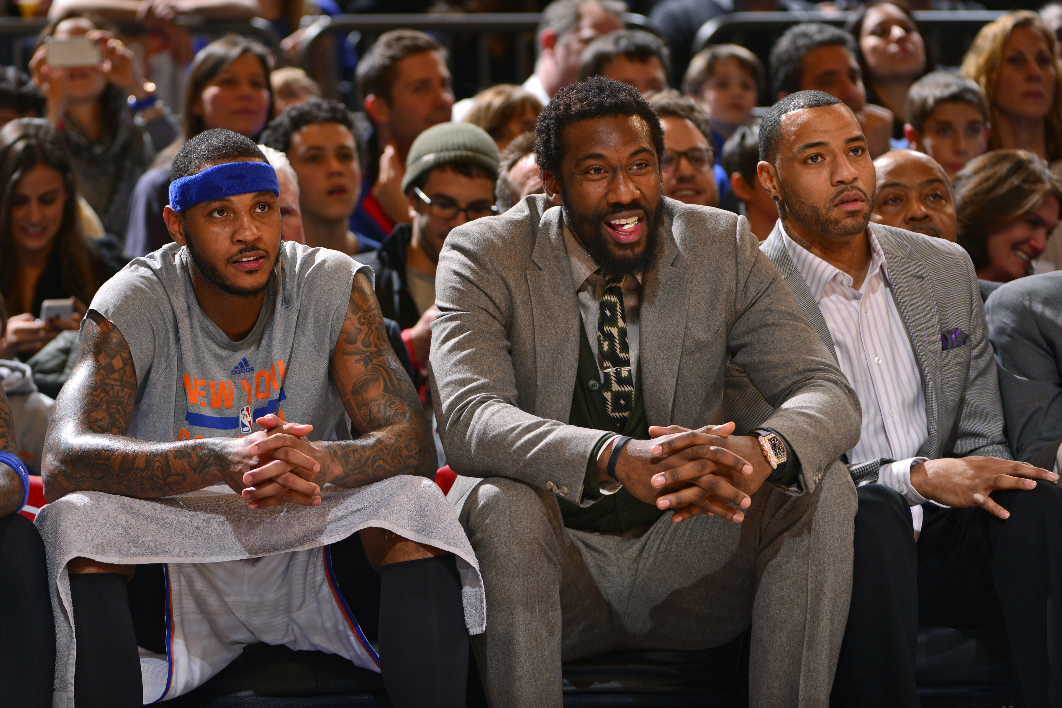 NEW YORK - JANUARY 24:   Carmelo Anthony #7 and Amar'e Stoudemire #1 of the New York Knicks sit on the bench during the game against the Charlotte Bobcats on January 24, 2014 at Madison Square Garden in New York City. NOTE TO USER: User expressly acknowledges and agrees that, by downloading and or using this photograph, User is consenting to the terms and conditions of the Getty Images License Agreement. Mandatory Copyright Notice: Copyright 2014 NBAE  (Photo by David Dow NBAE via Getty Images)